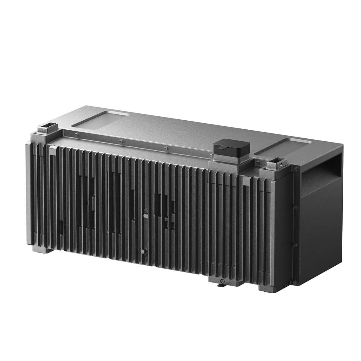 Ein graues metallisches elektronisches Gerät mit vertikalen Lamellen und einem schwarzen Knopf oben.