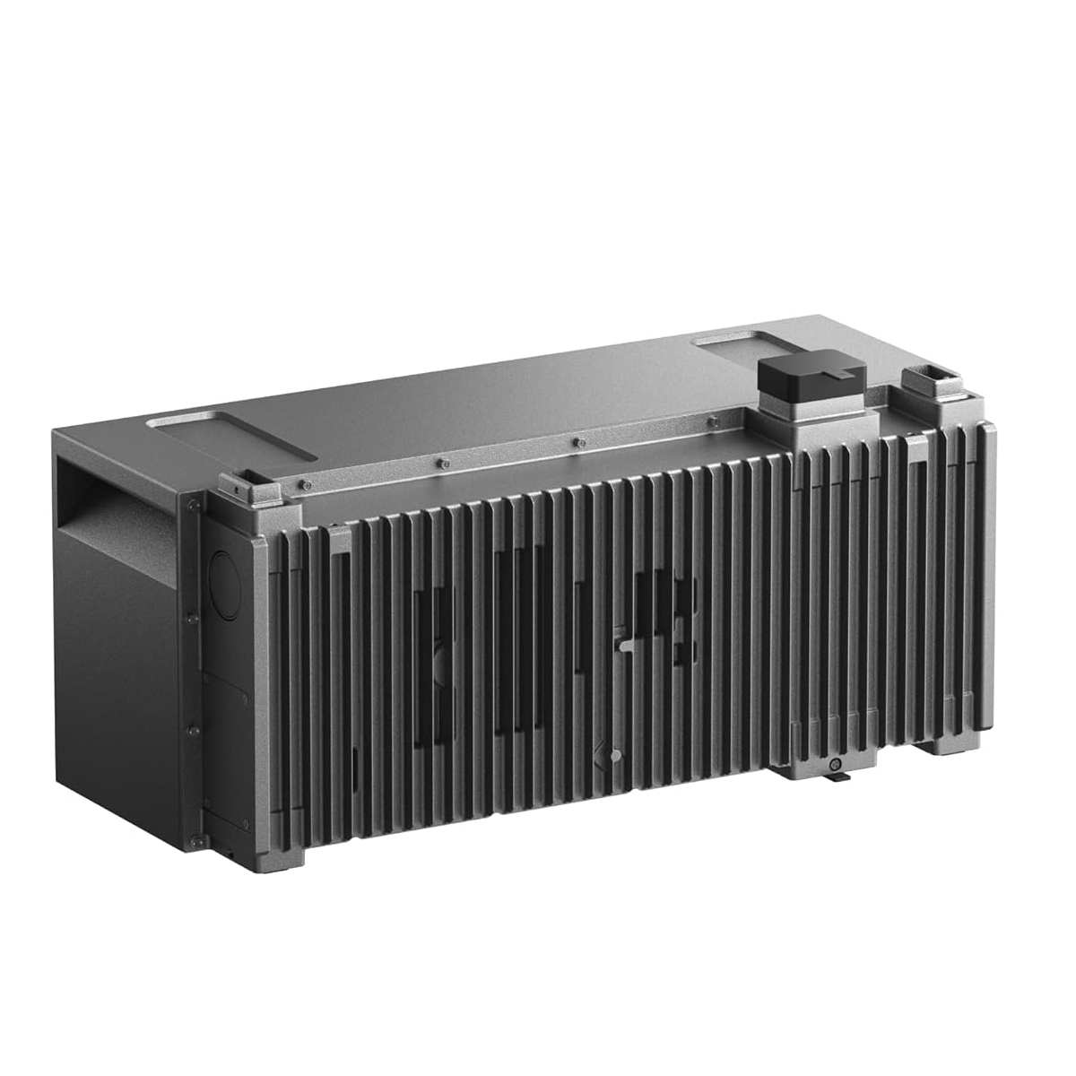 Ein graues, rechteckiges elektronisches Gerät mit vertikalen Lamellen und schwarzer Oberseite.