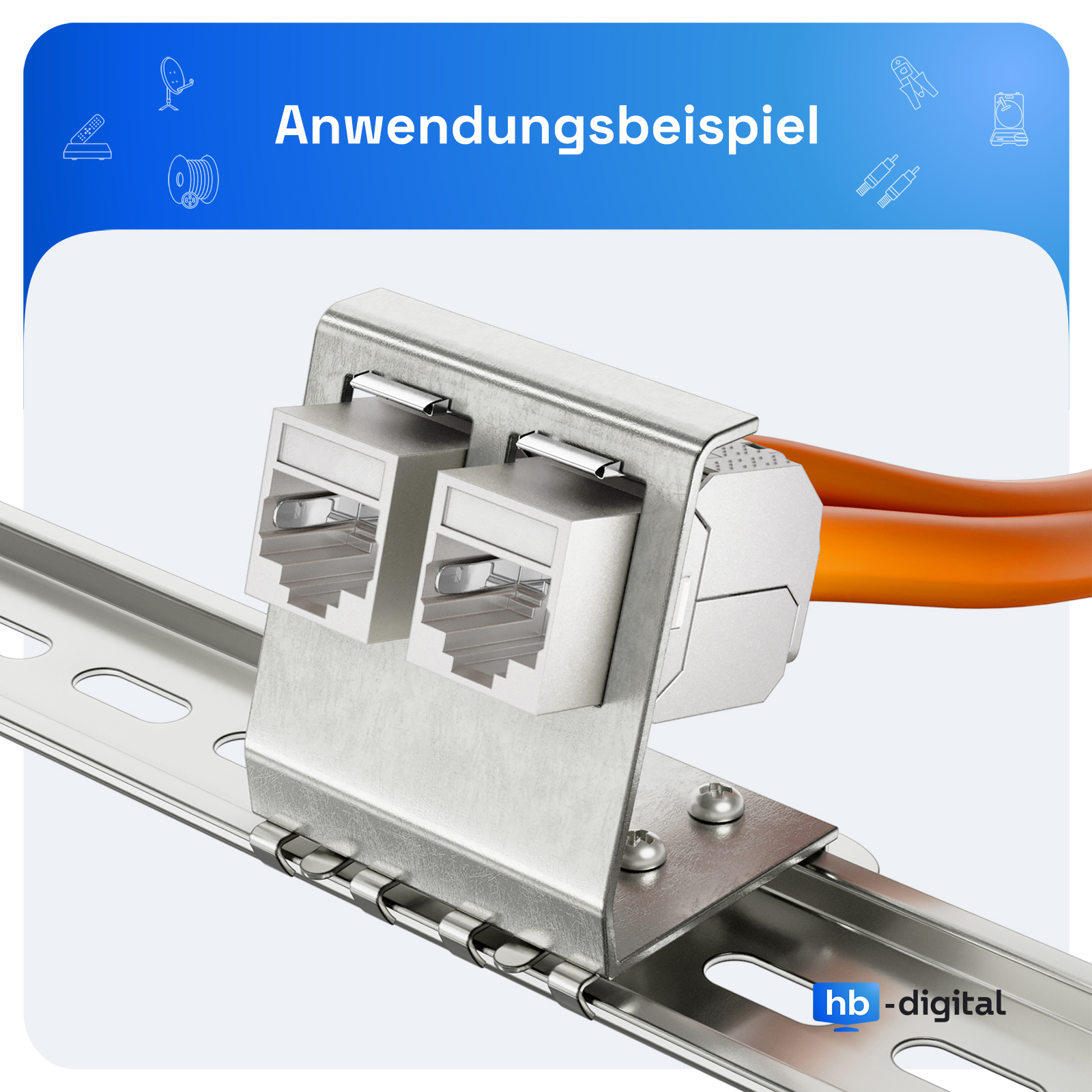 Netzwerk-Ports an einer Hutschiene montiert, mit orangen Kabeln.