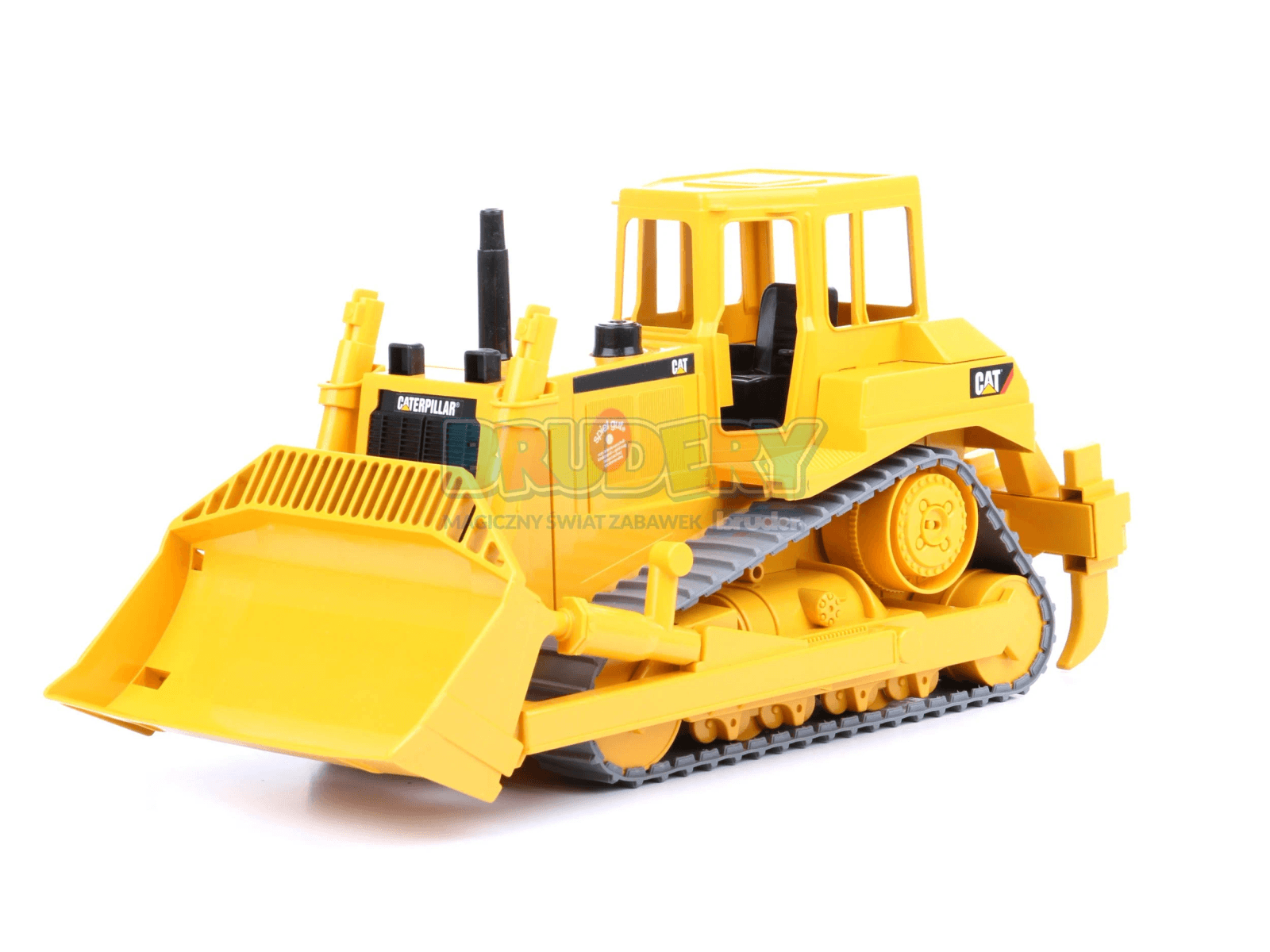 Un bulldozer de juguete amarillo con orugas y pala frontal.