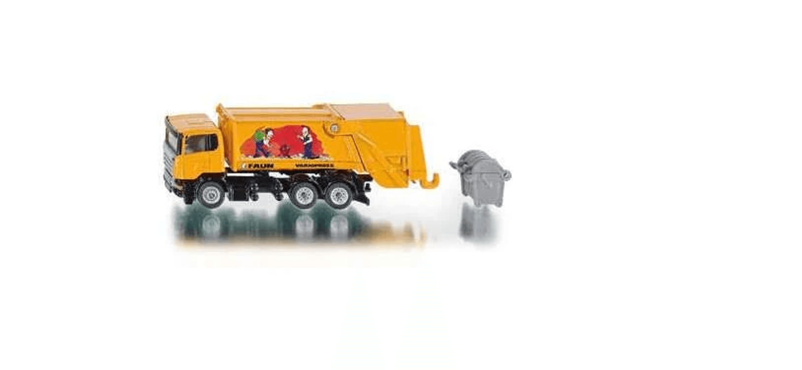 Camión de basura amarillo con dos ejes y un cubo de basura gris al lado.