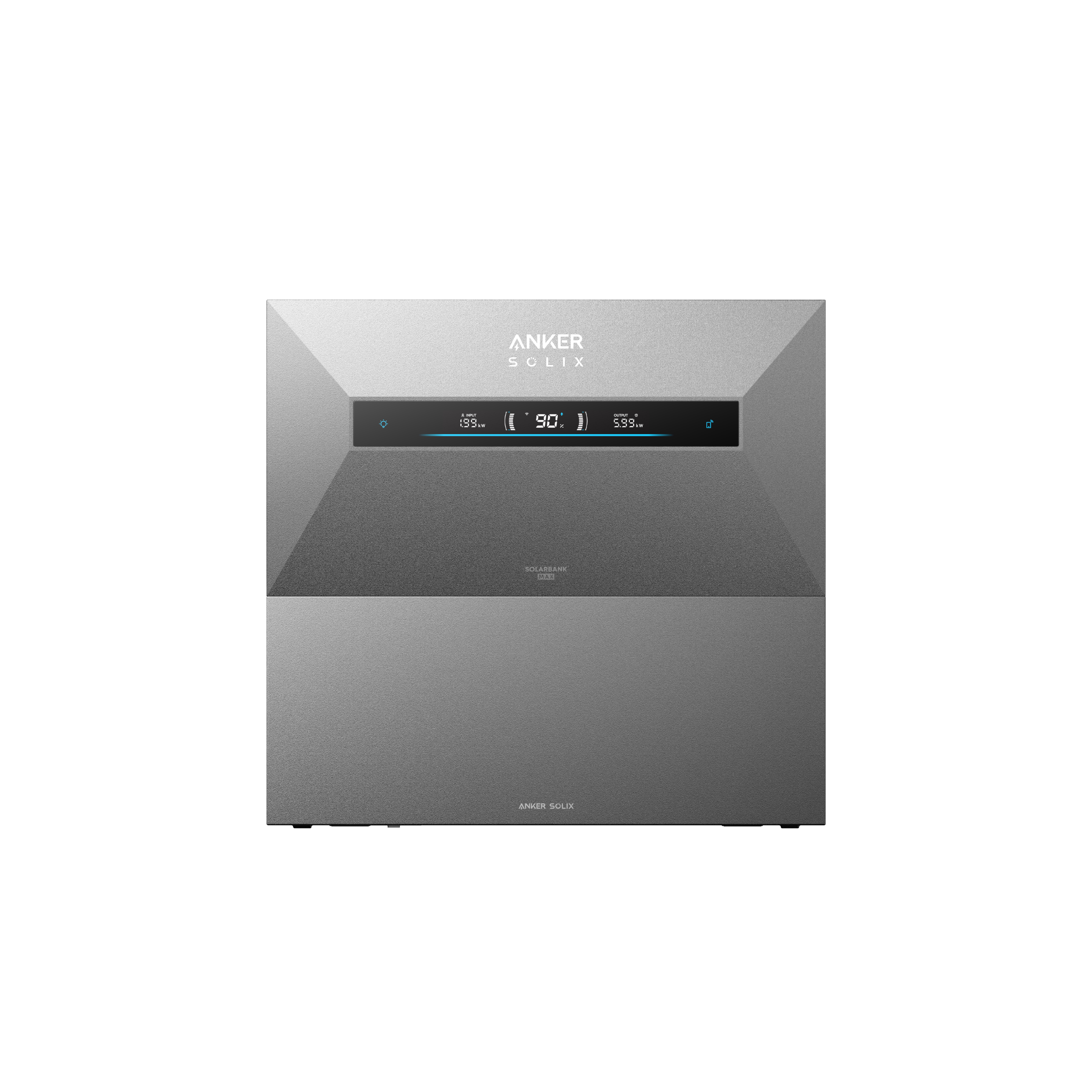 Graues Anker Solix Solarbank-Gerät mit digitaler Anzeige für Ein- und Ausgangswerte.