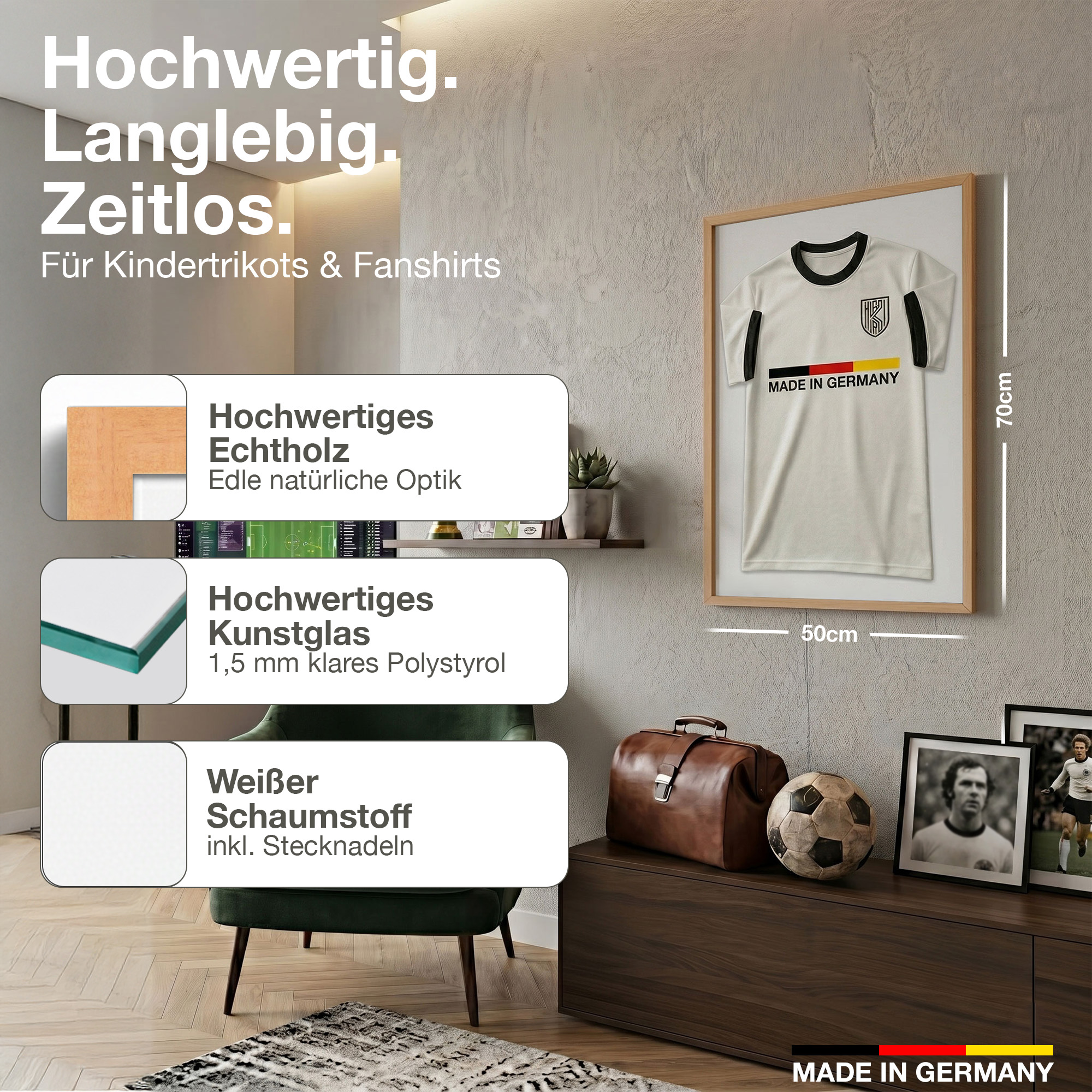 Gerahmtes deutsches Fußballtrikot, 70x50cm. Optionen: Holz, Glas, Moosgummi.