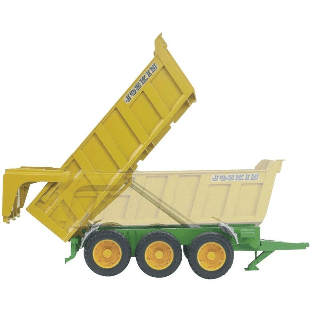 Un remolque Joskin amarillo con base verde y cuatro ruedas.