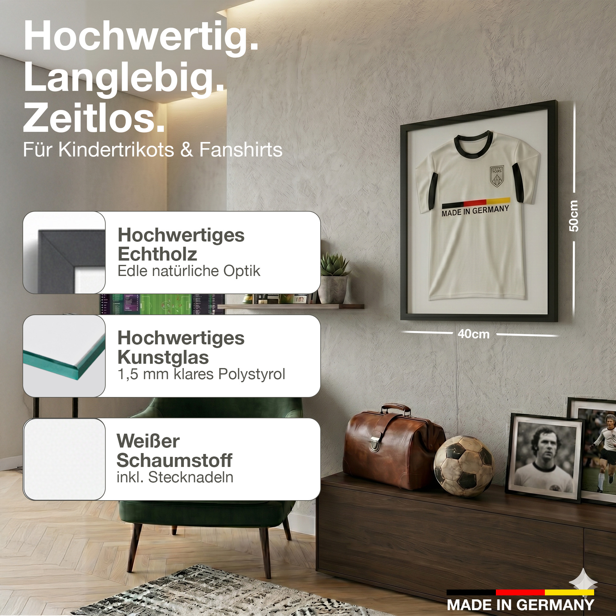 Ein gerahmtes Trikot mit "MADE IN GERMANY" Schriftzug hängt an einer Wand.