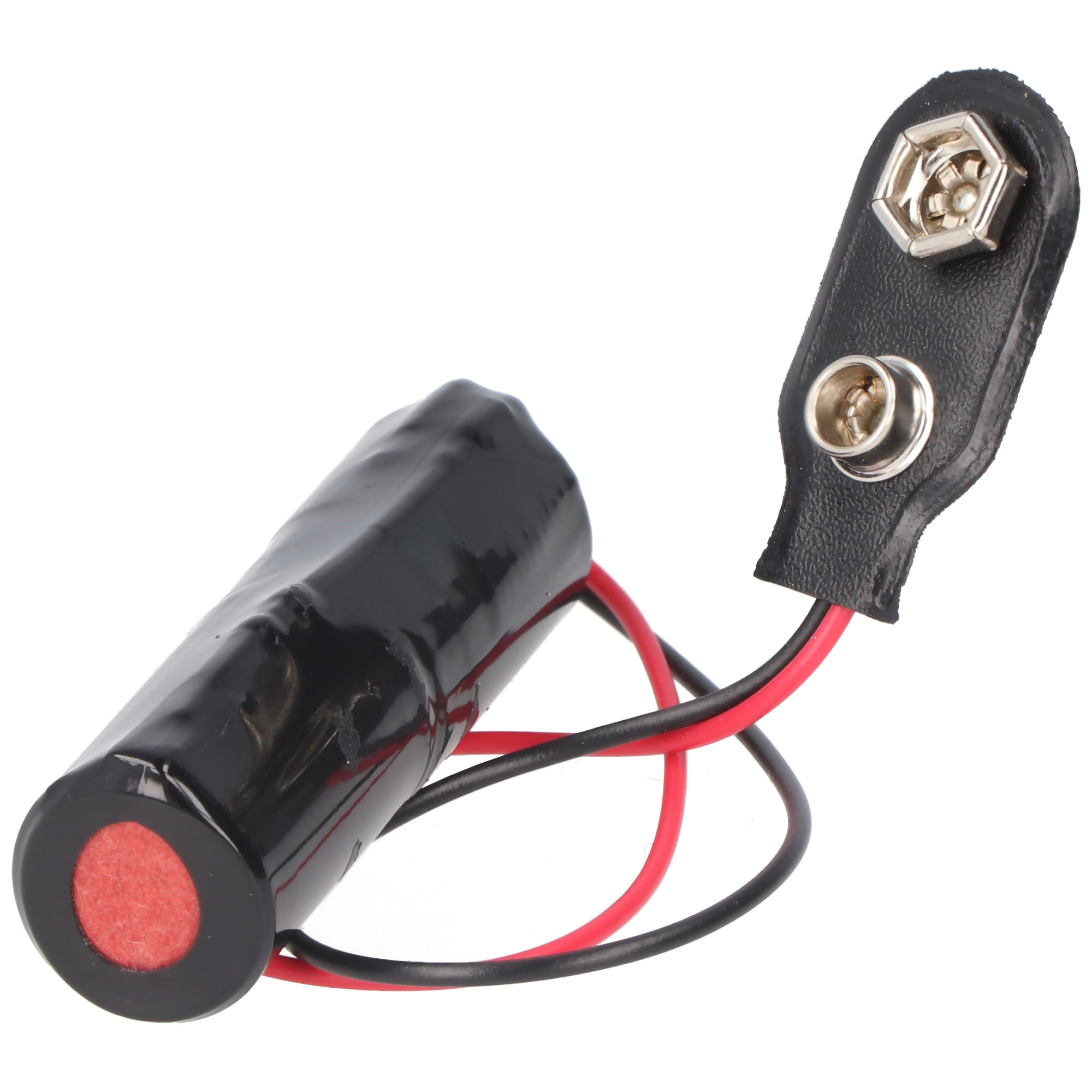 Batteria nera con estremità rossa e cavi che conducono a un connettore nero.