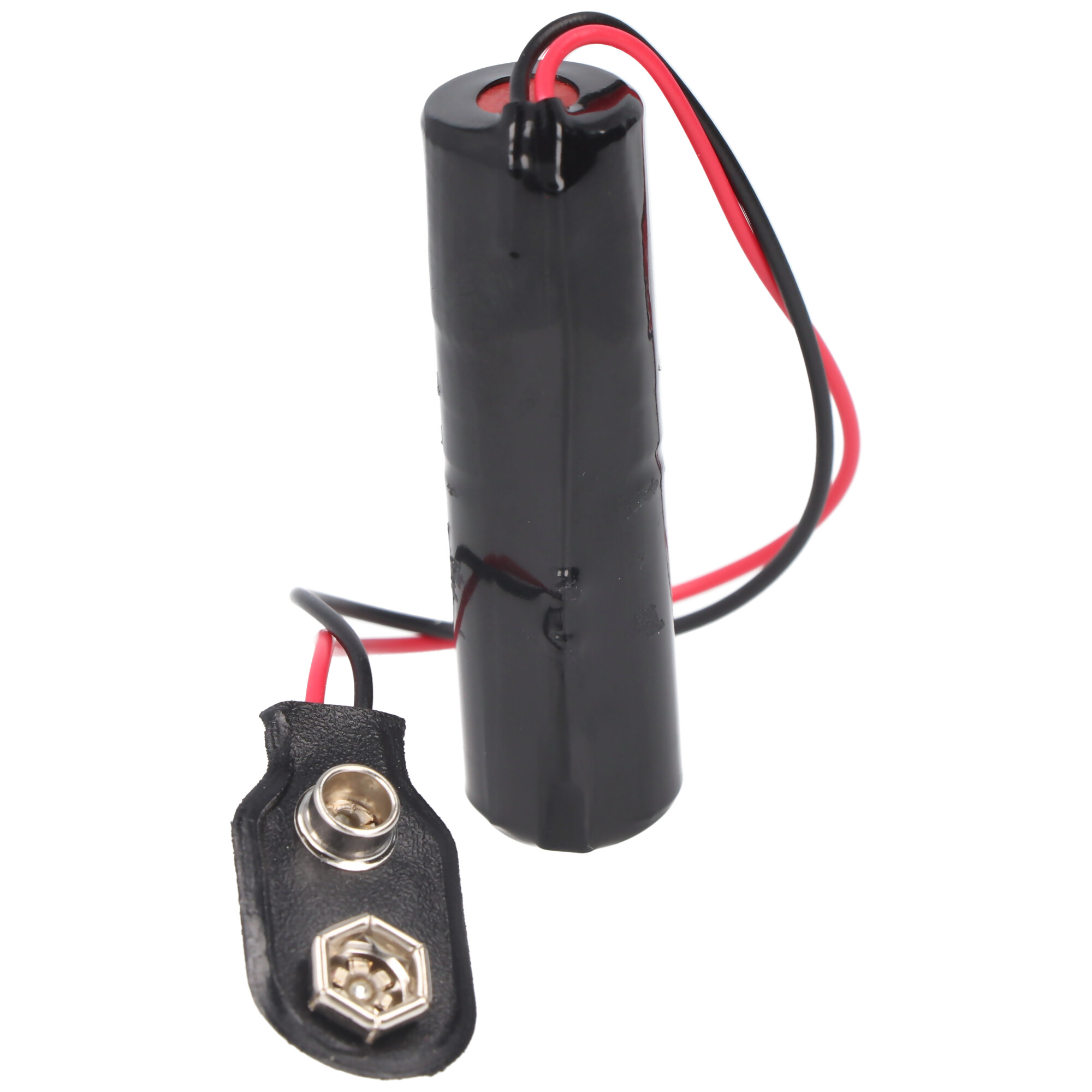 Batteria nera con cavi rosso e nero e clip per batteria.