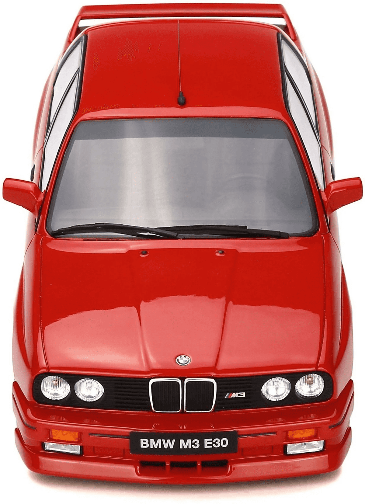 Roter BMW M3 E30 von oben, mit Gitter, Scheinwerfern und Spoiler.