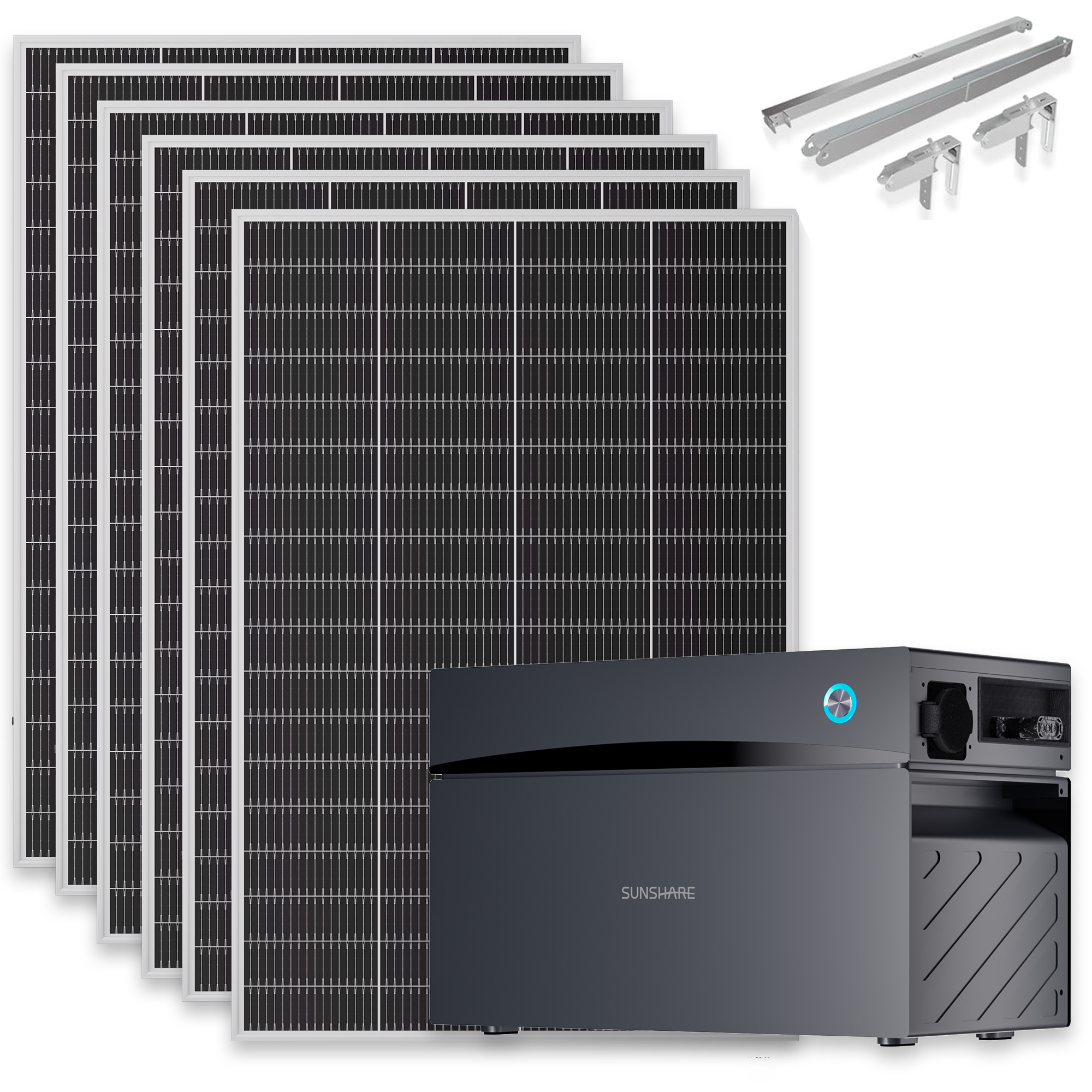 Sechs Solarmodule, ein dunkelgrauer Wechselrichter mit blauem Licht und Montagezubehör.