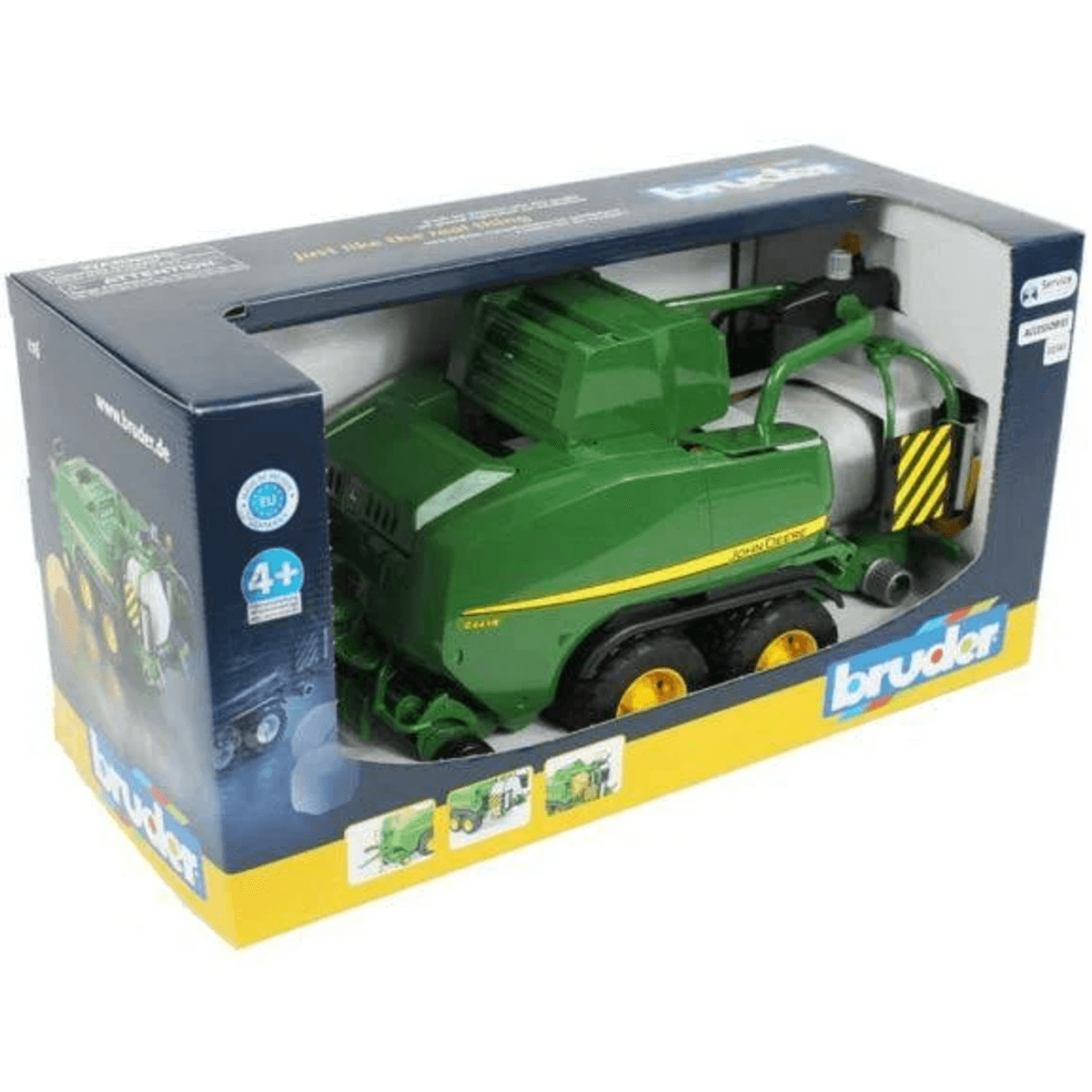 Grüner John Deere Spielzeug-Mähdrescher mit gelben Akzenten in einer Box.