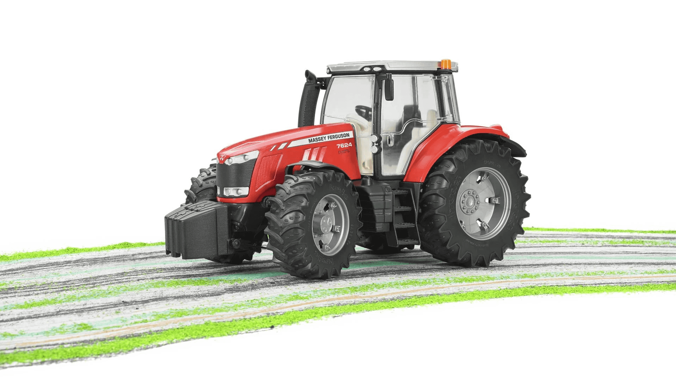 Ein roter Massey Ferguson 7624 Traktor auf weißem Hintergrund mit einer grün-grauen texturierten Vordergrund.