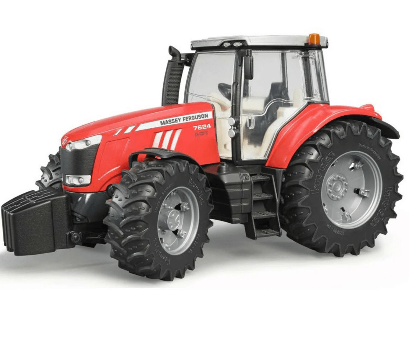 Ein roter Massey Ferguson Traktor mit großen Reifen und silbernen Felgen.