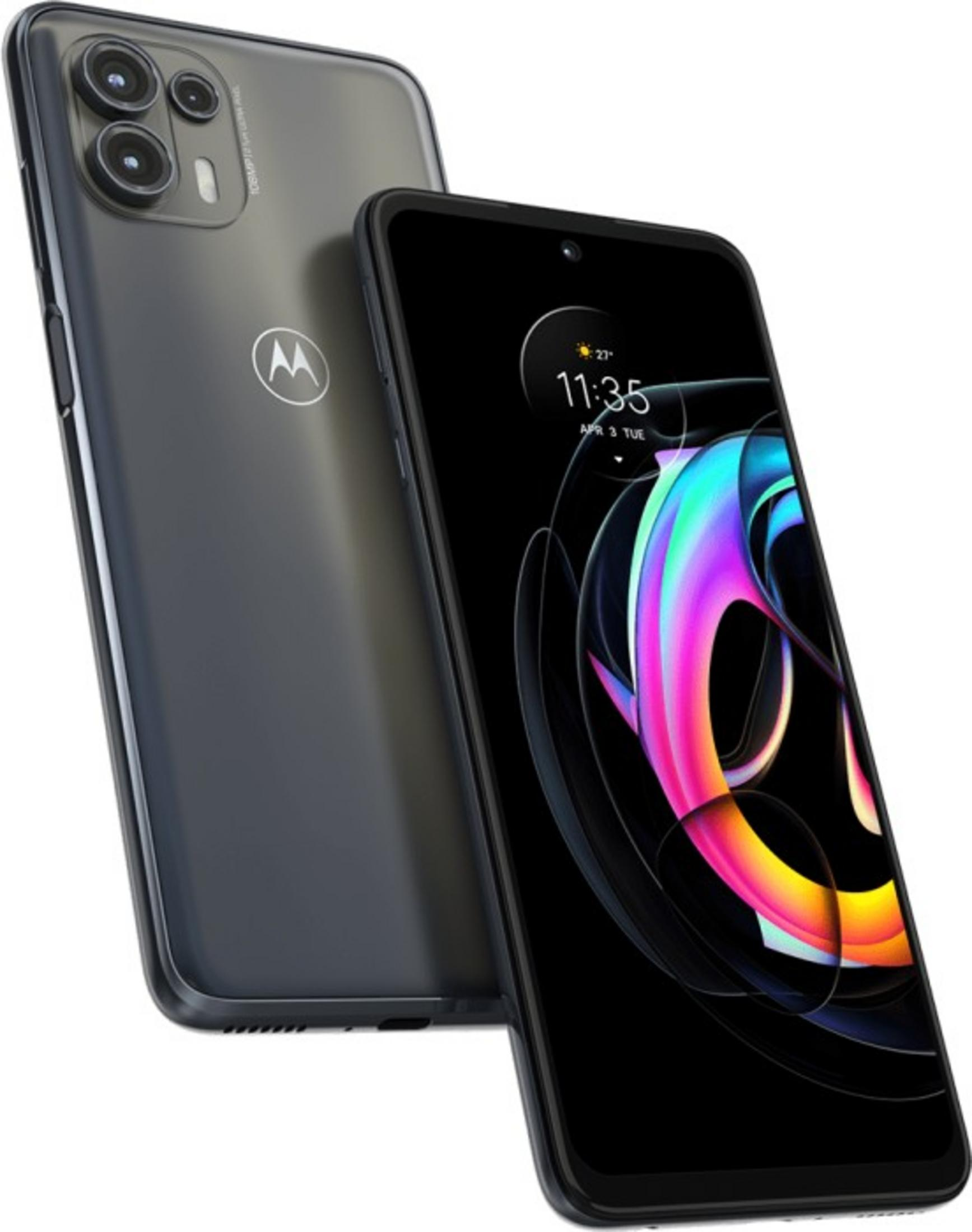 Een donkere Motorola smartphone met drievoudige camera en verlicht scherm.