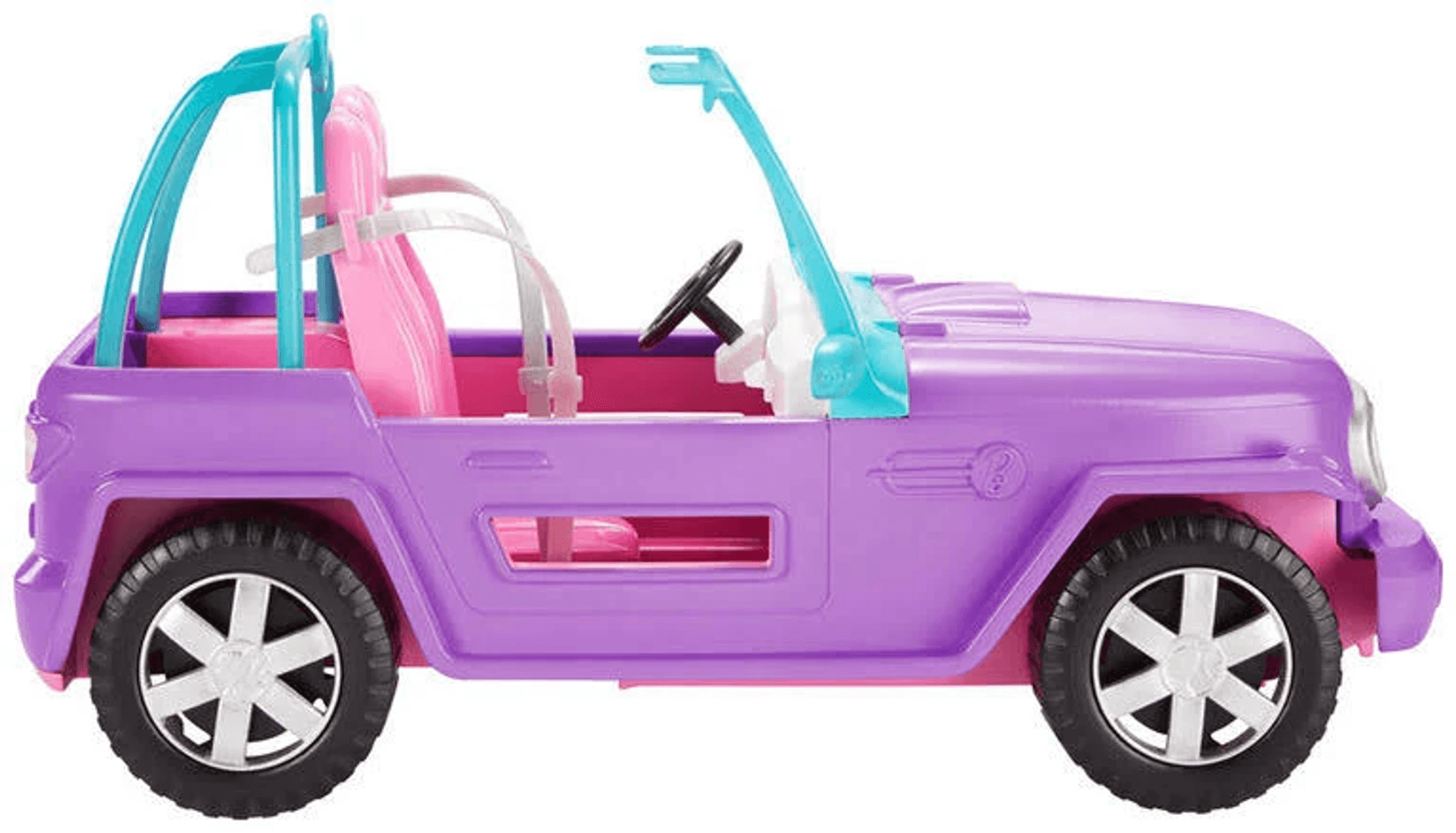Un jeep de juguete morado con detalles azules y rosas, capota abierta y cuatro ruedas.