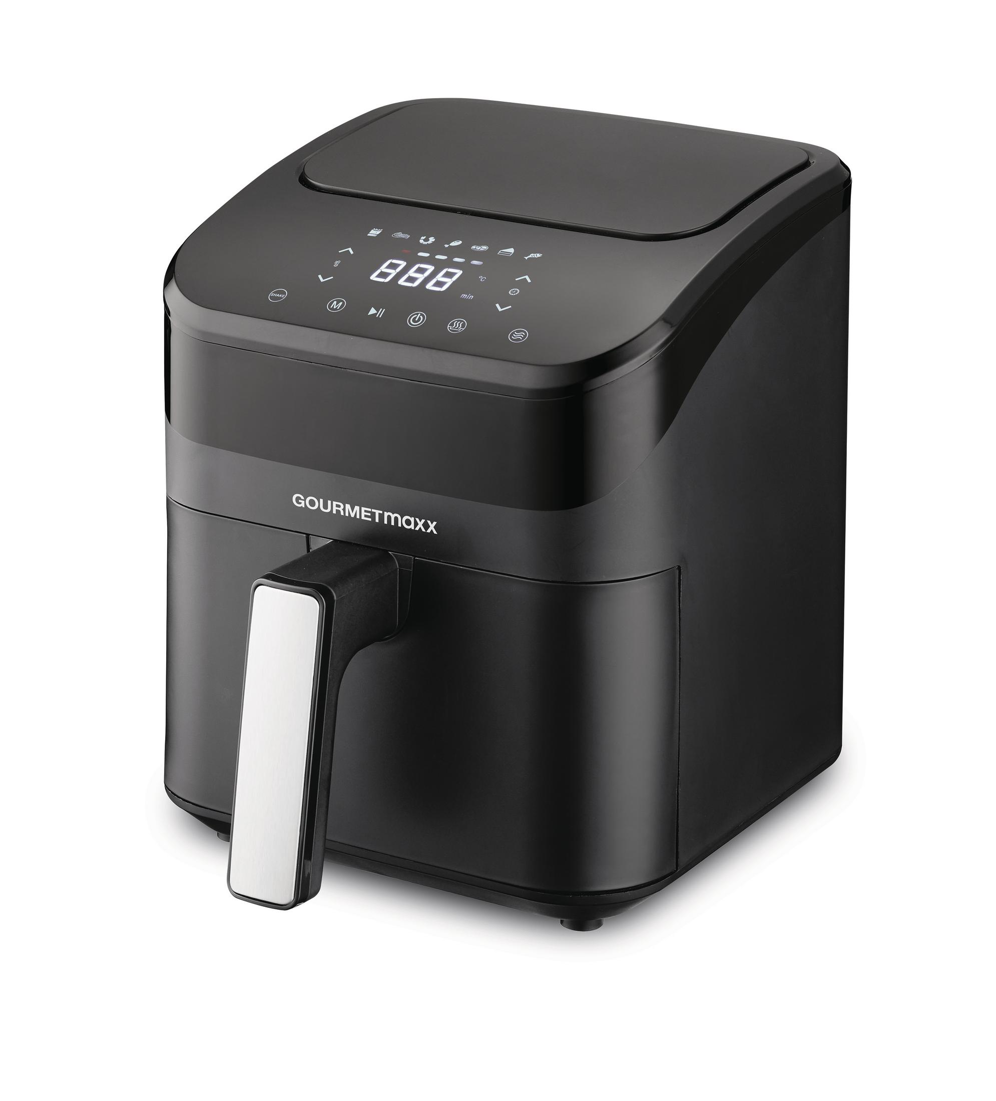 Schwarze Heißluftfritteuse mit digitalem Display und silbernem Griff.