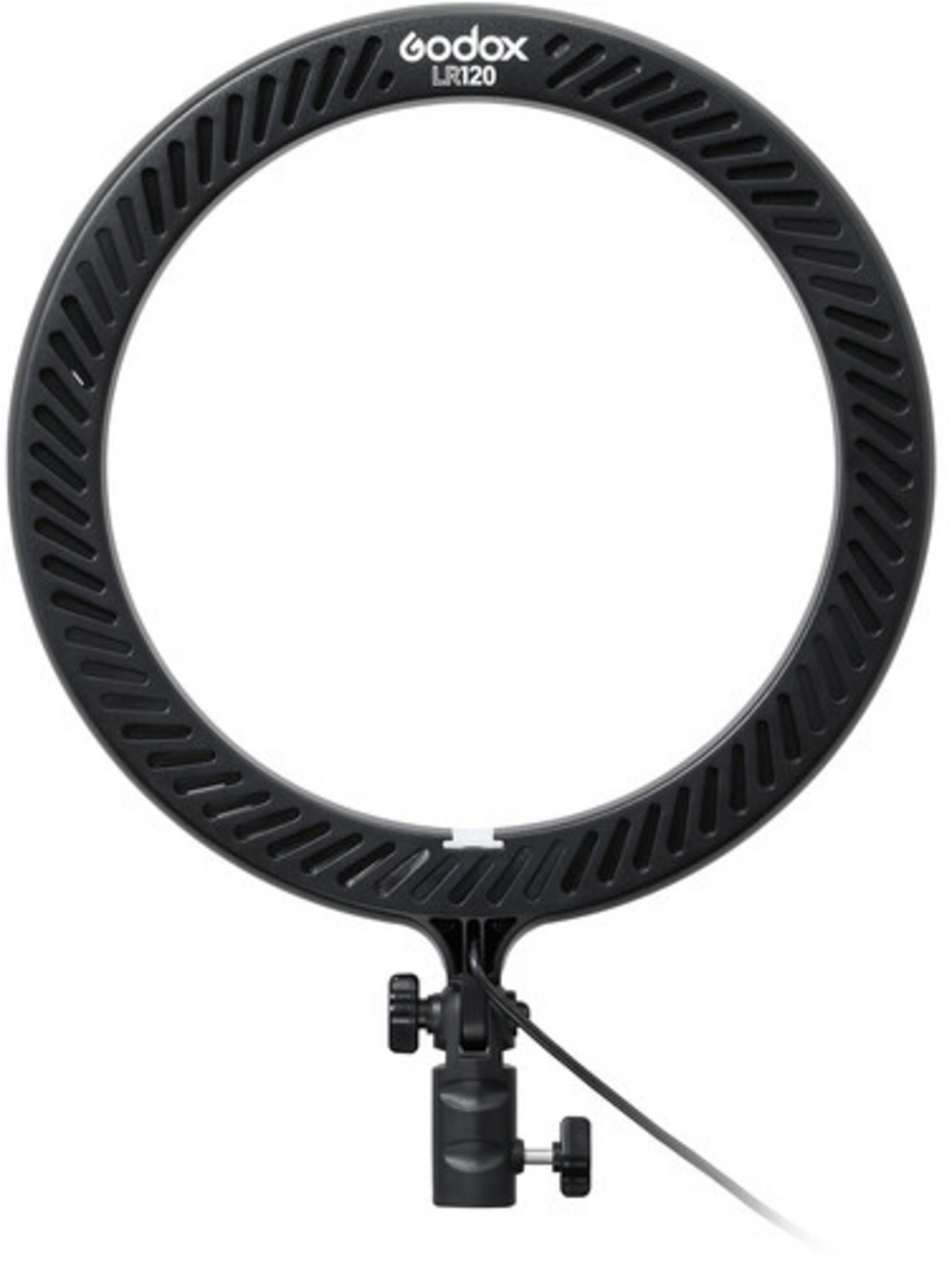 Ein schwarzer Ringlicht-Diffusor mit Godox LR120-Markierung und Halterung.