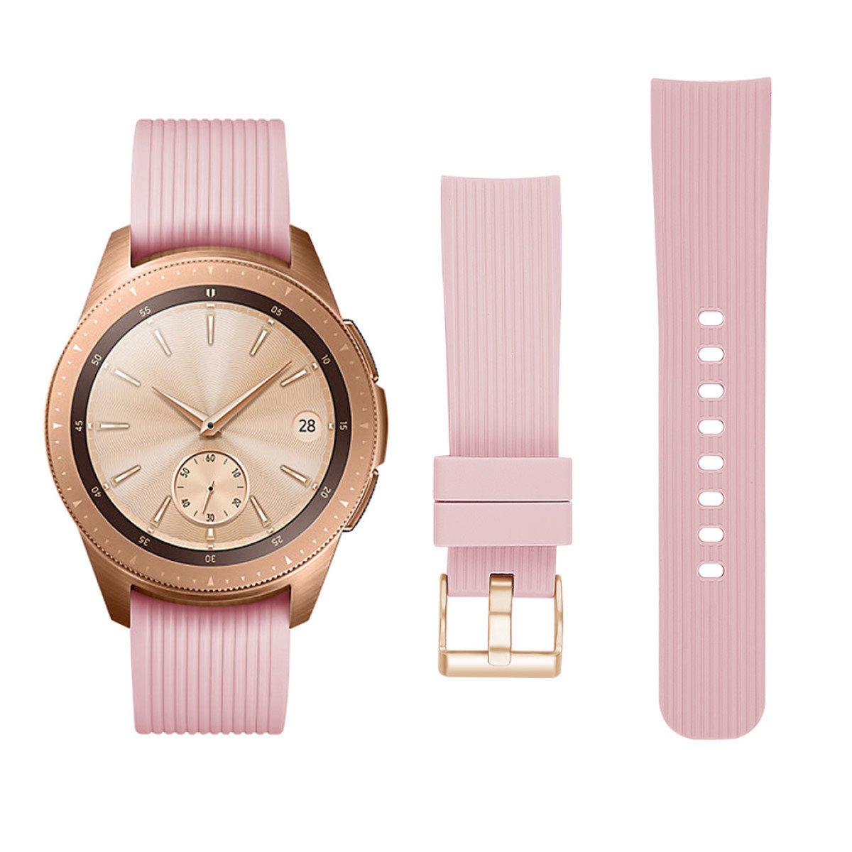 Uno smartwatch rosa con cassa dorata e cinturini di ricambio.