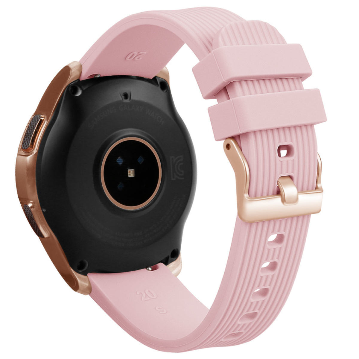 Uno smartwatch rosa con cassa oro rosa e retro nero.