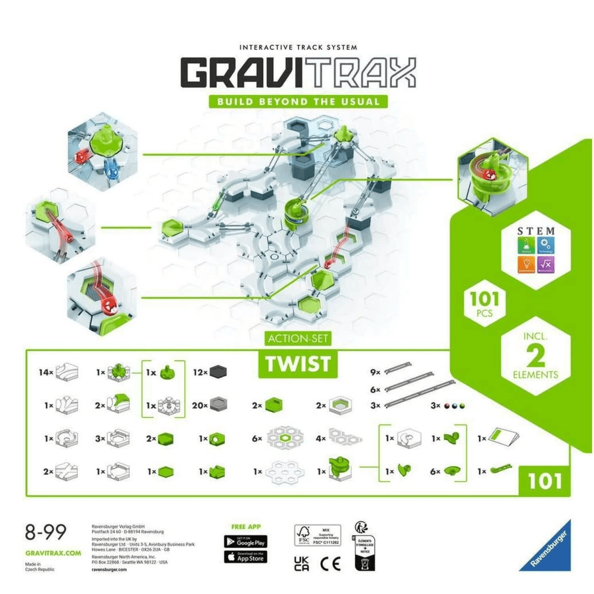Sistema di piste per biglie Gravitrax con molti pezzi e accessori.