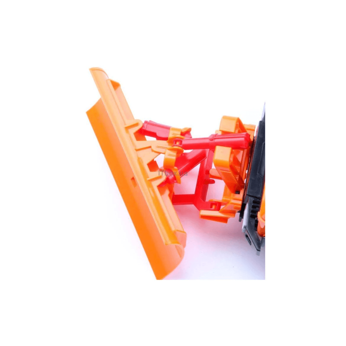 Ein orangefarbener BulldozeraufsatzmitrotenundorangenTeilen.