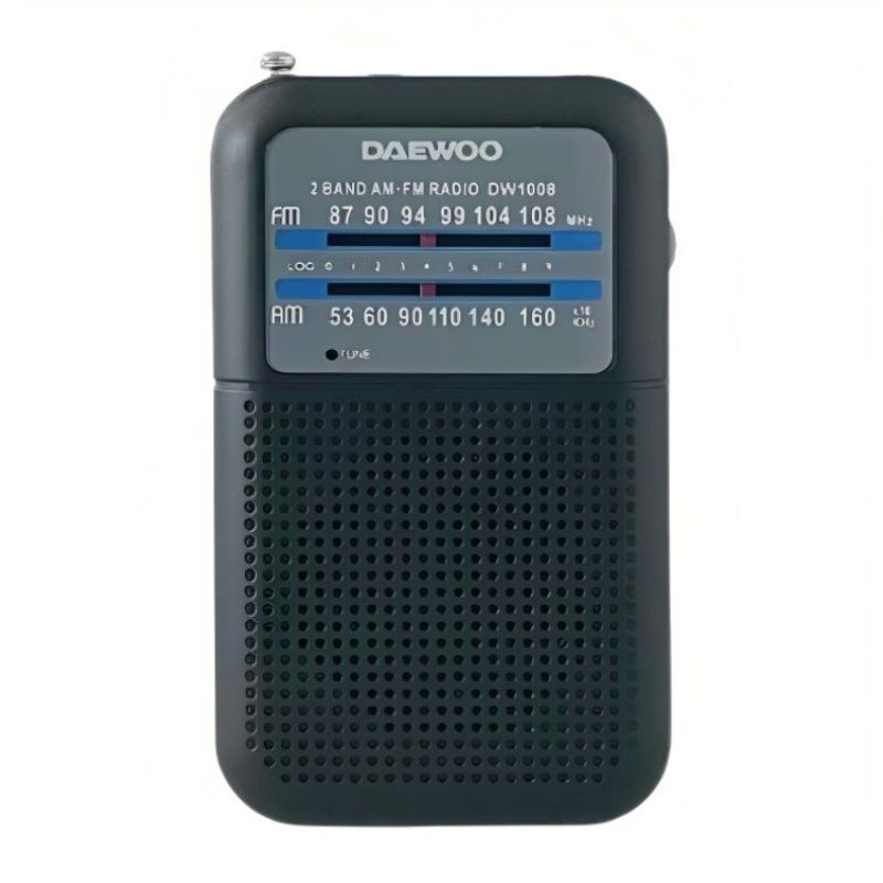 Una radio Daewoo AM/FM nera con antenna e schermo.