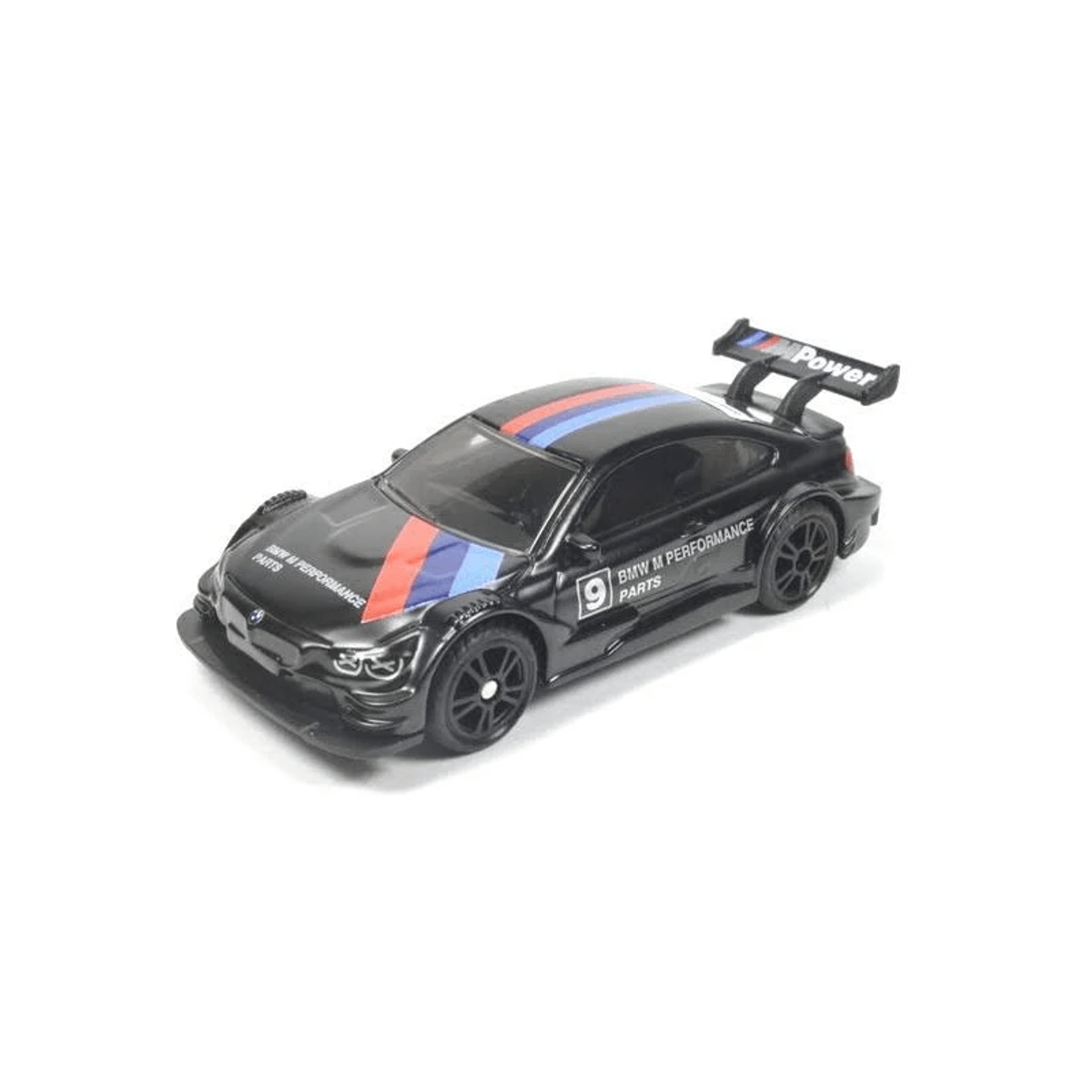 Coche de juguete BMW M Performance negro con rayas rojas y azules en capó y alerón.