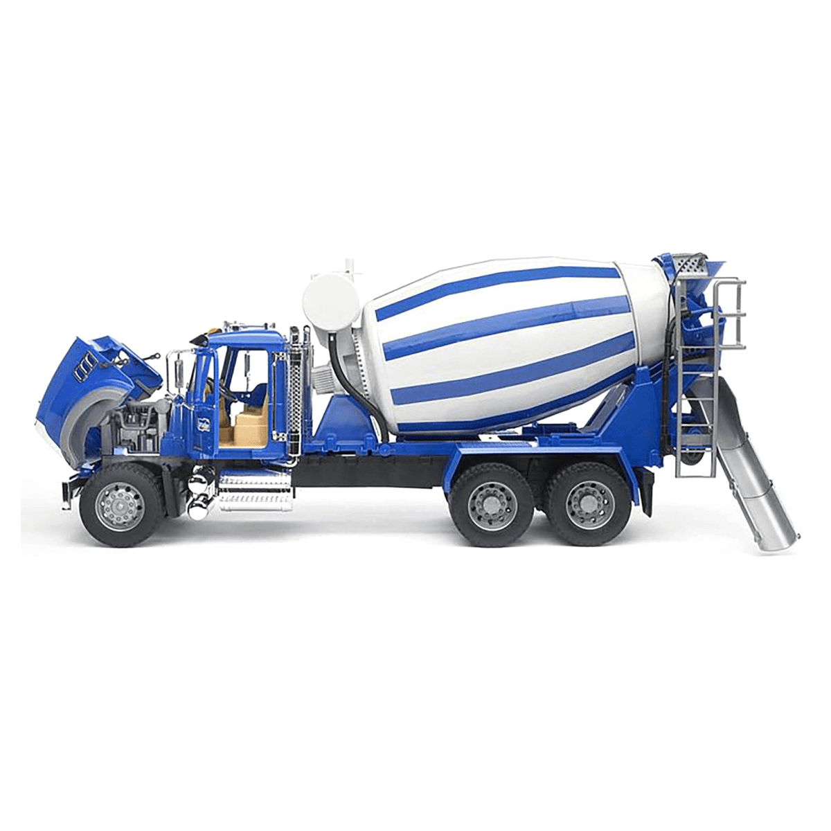 Ein blauer Betonmischer-LKW mit weiß-blauen Streifen auf der Trommel, die Motorhaube ist geöffnet.