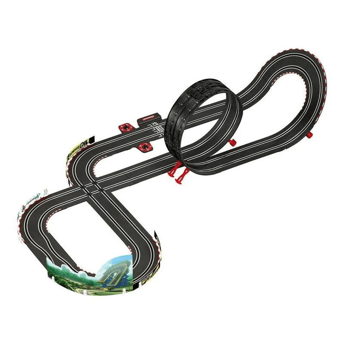 Una pista de coches de juguete con un loop-the-loop y dos coches en la línea de salida.