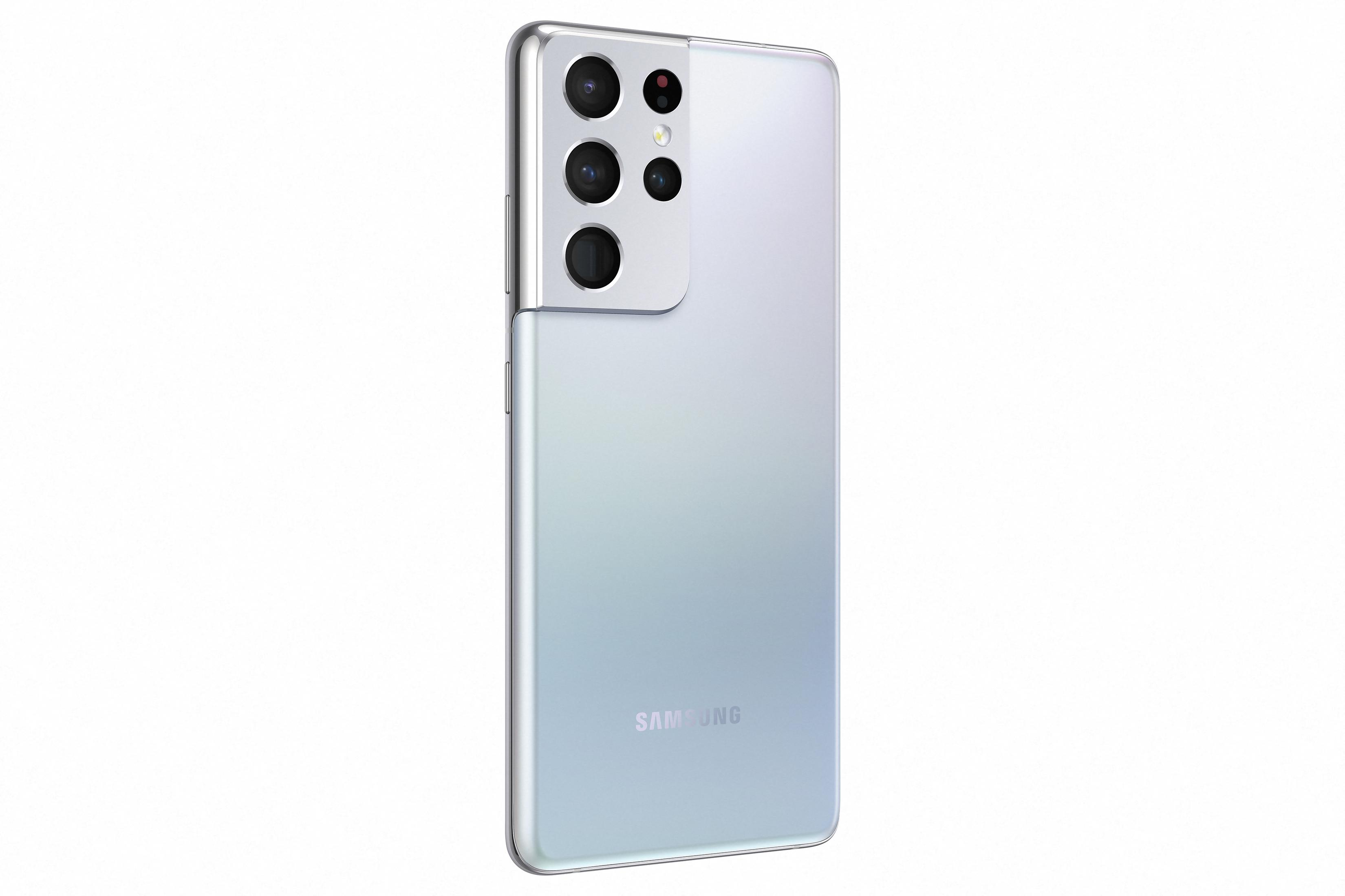 Silbernes Smartphone mit mehreren Kameras auf der Rückseite, Samsung-Logo.