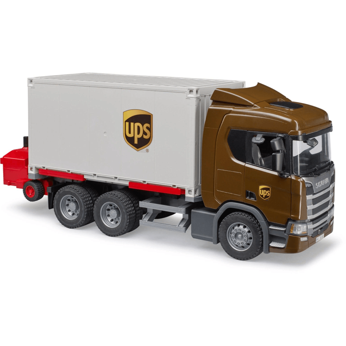 Ein brauner UPS-LKW mit weißem Container und rotem Heck.