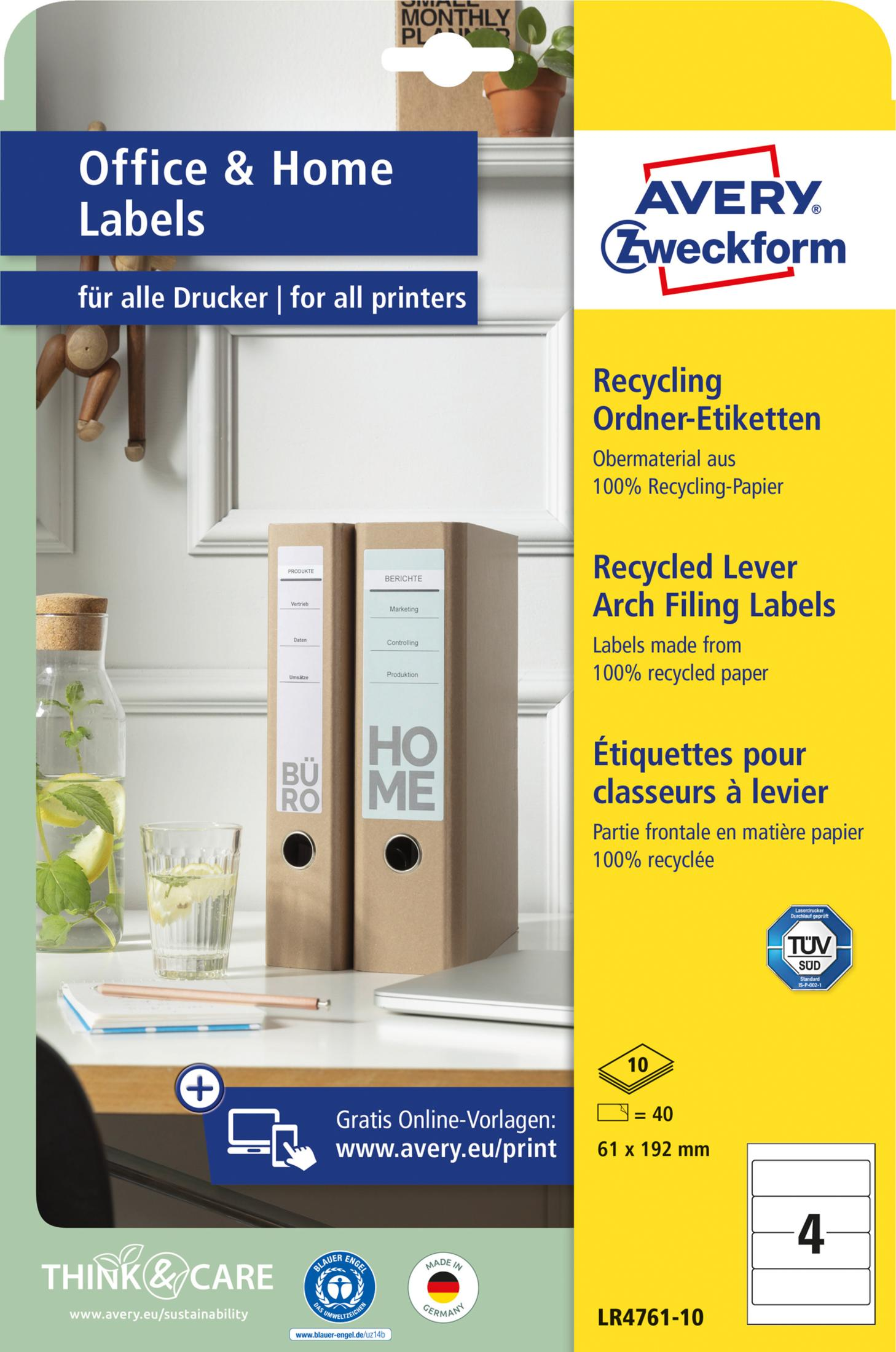 Büro-Ordner mit Avery Zweckform-Etiketten und Recycling-Hinweisen.