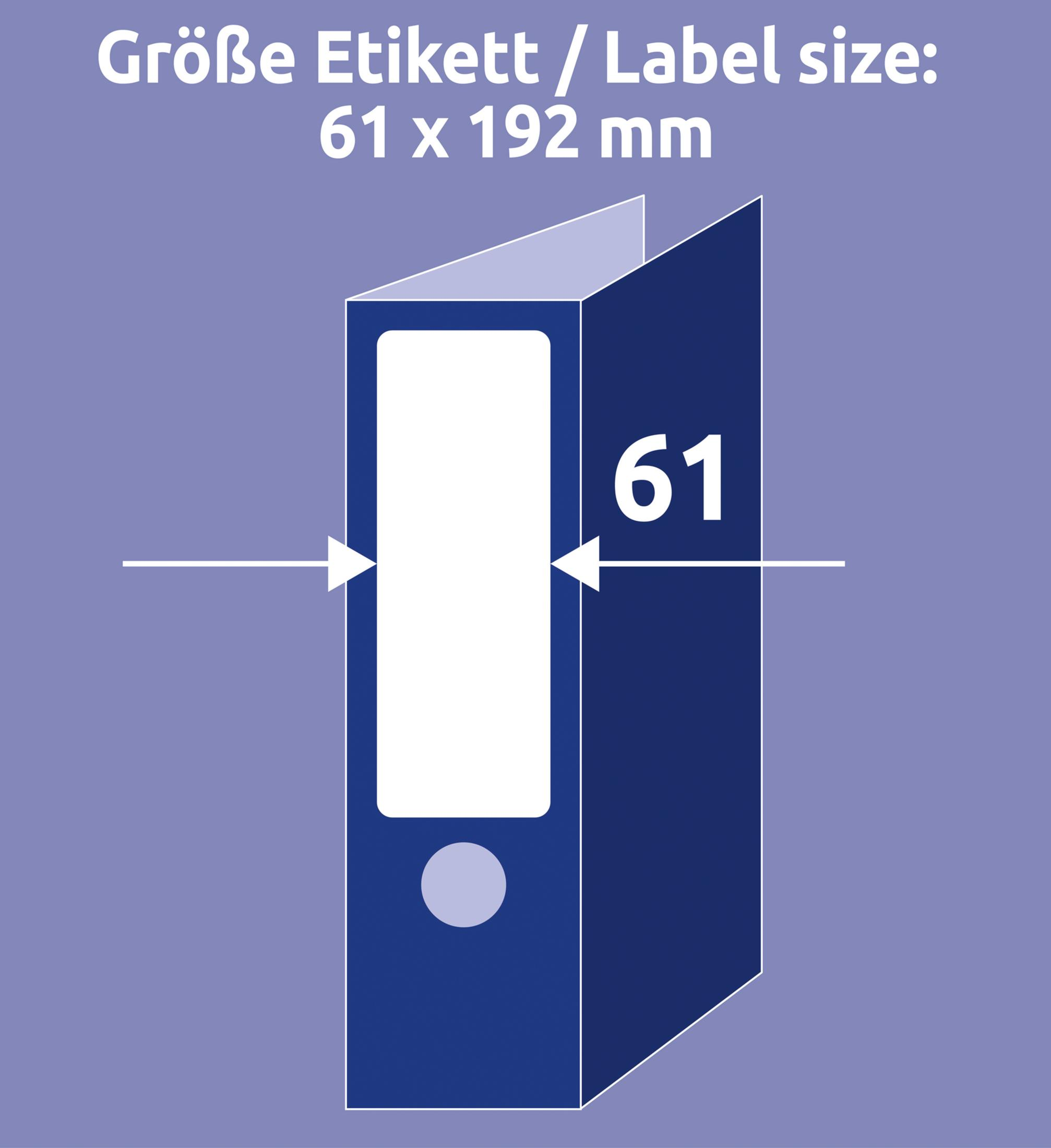 Ein dunkelblaues Etikett mit weißer Beschriftung: Größe 61 x 192 mm.