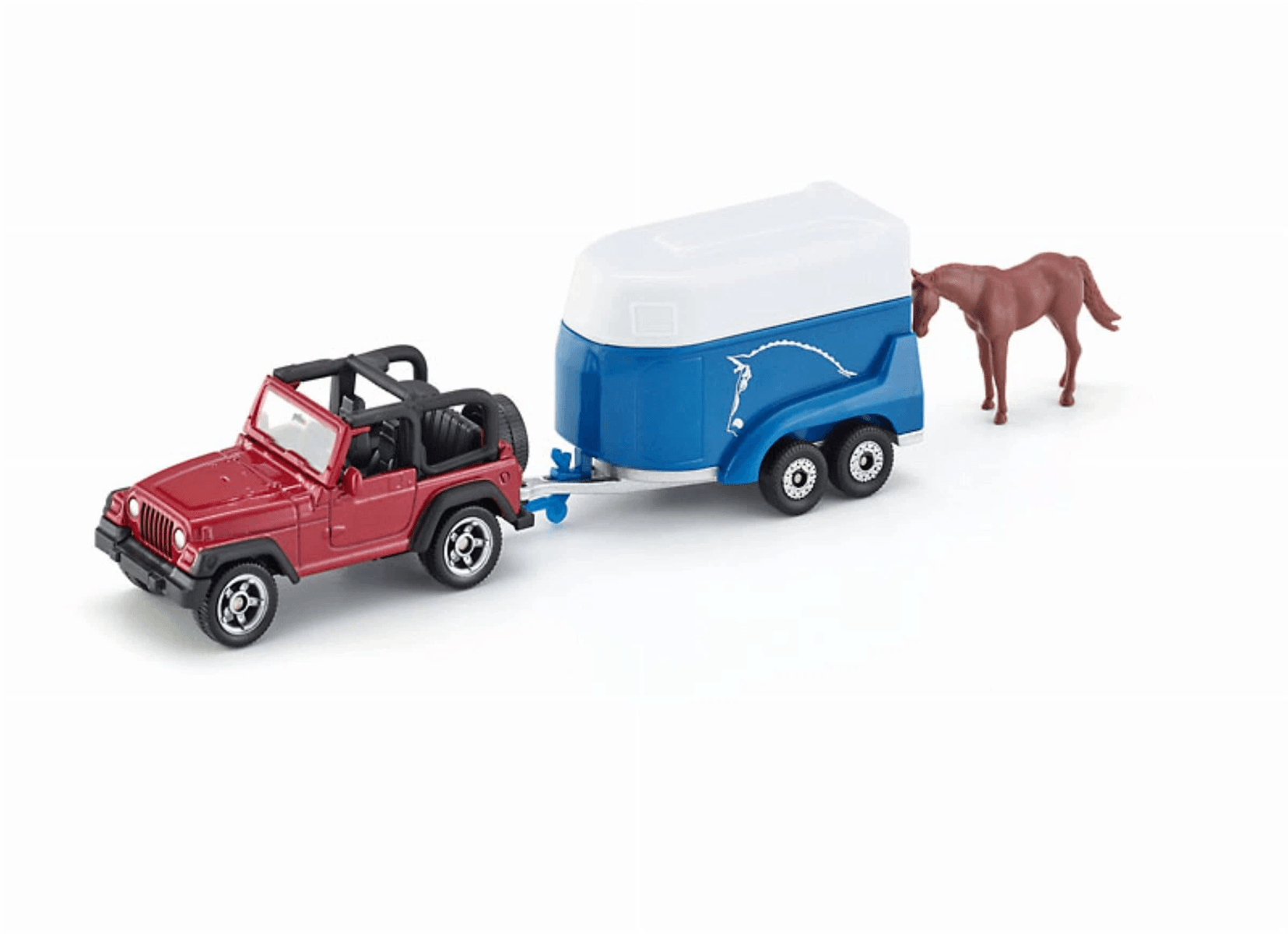 Ein rotes Jeep-Spielzeug zieht einen blauen Pferdeanhänger mit einem braunen Pferd daneben.