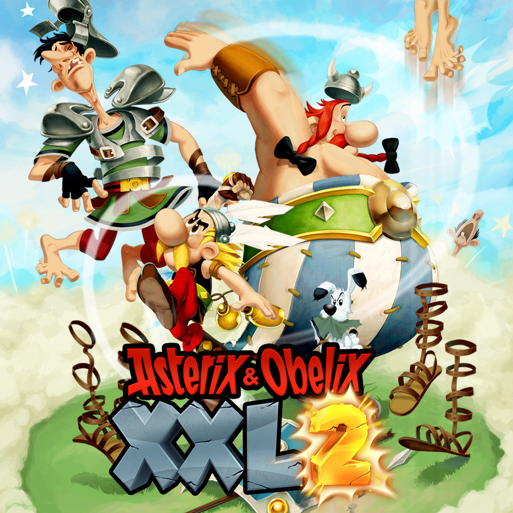 Asterix & Obelix XXL 2 Spielkunst: Charaktere rennen im Himmel mit Wolken und Sternen.