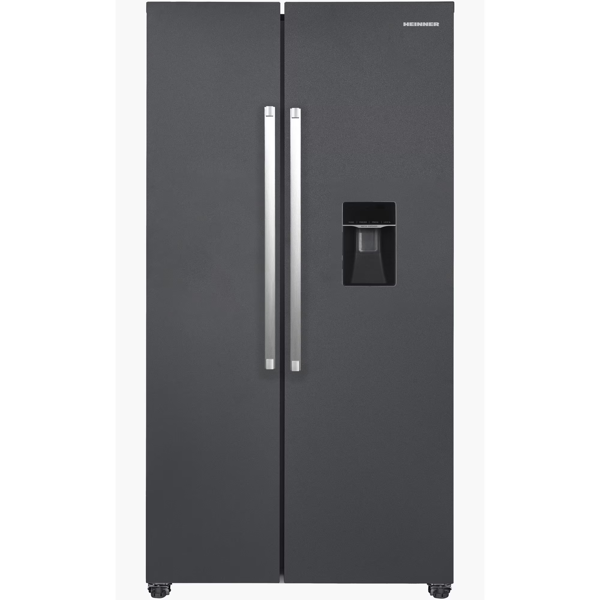 Ein dunkler, zweitüriger Kühlschrank mit silbernen Griffen und Wasserspender.