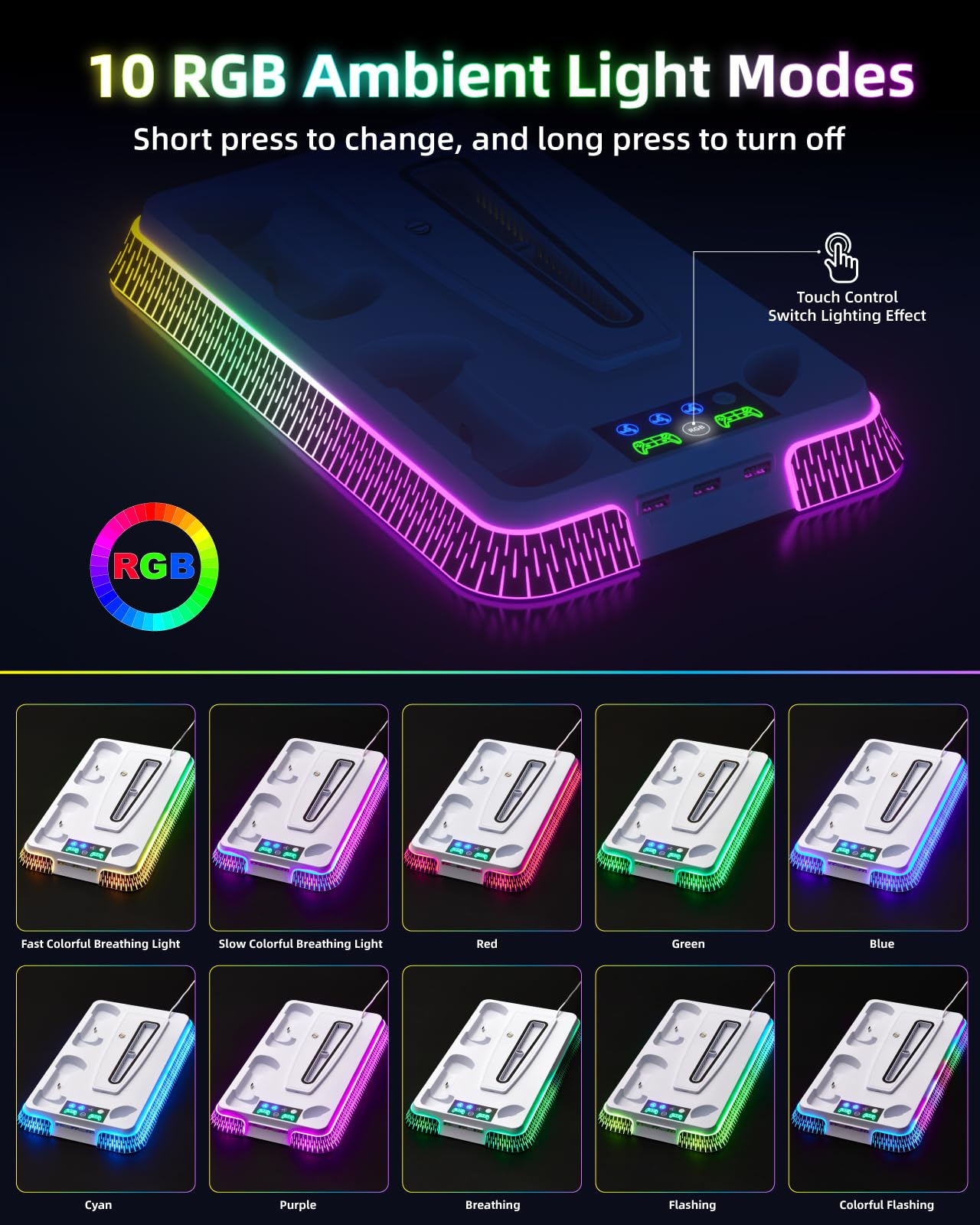 Ein weißes RGB-Ladegerät mit verschiedenen Lichteffekten und USB-Anschlüssen.