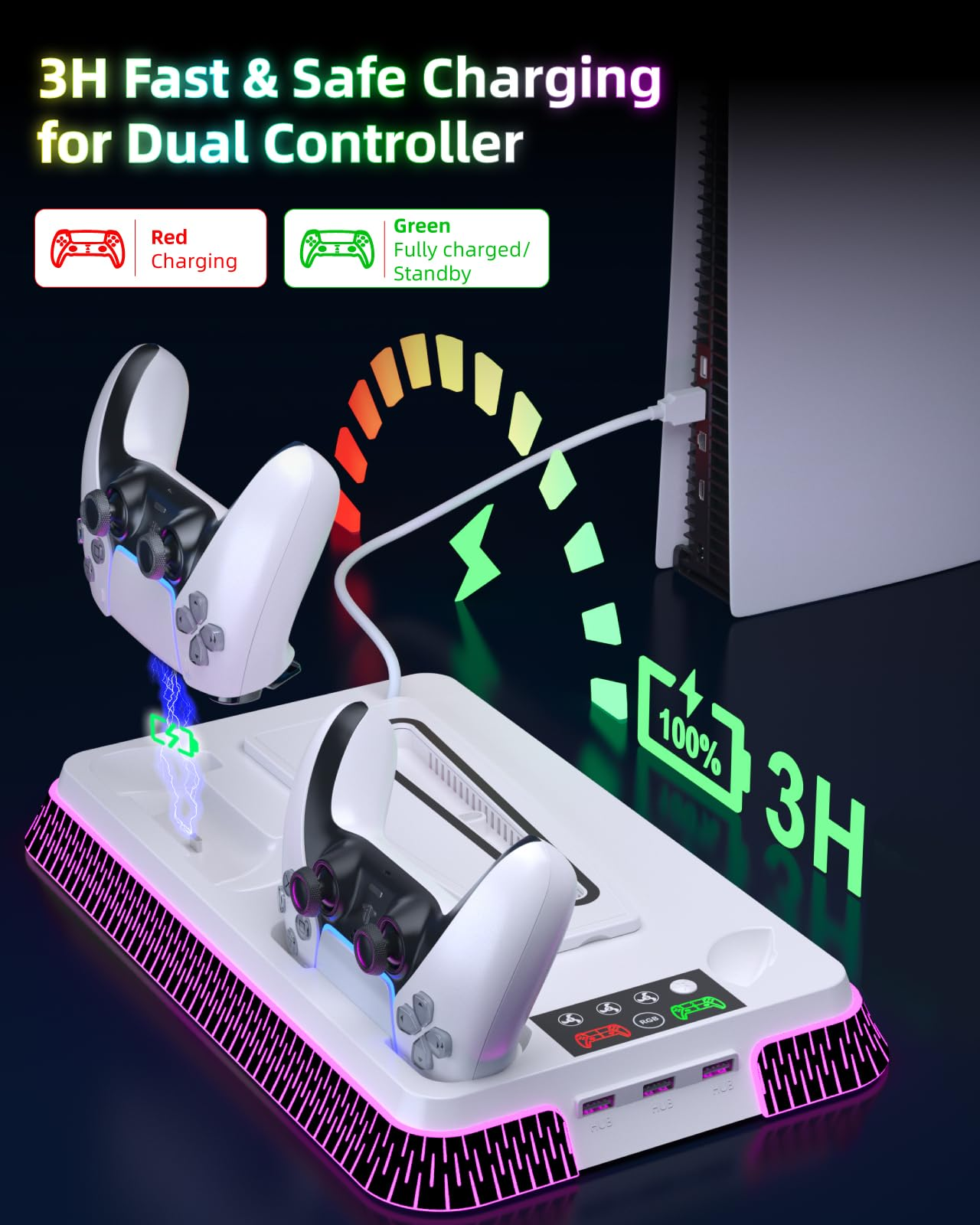 Weiße Ladestation für zwei Controller mit Ladeanzeige und 3H Ladezeit.