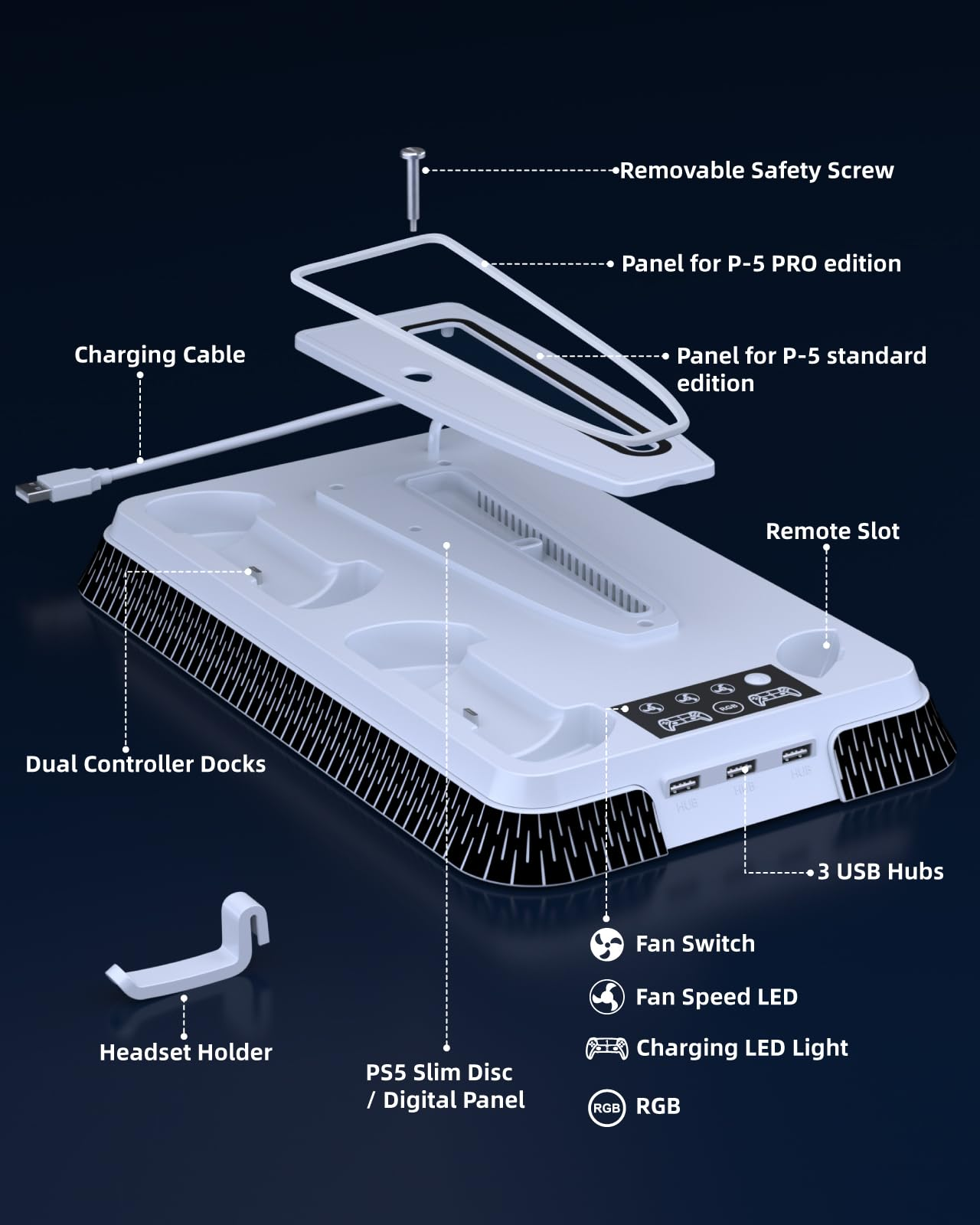 Weiße Ladestation für PS5 Slim mit Controller-Docks, Lüfter und USB-Anschlüssen.
