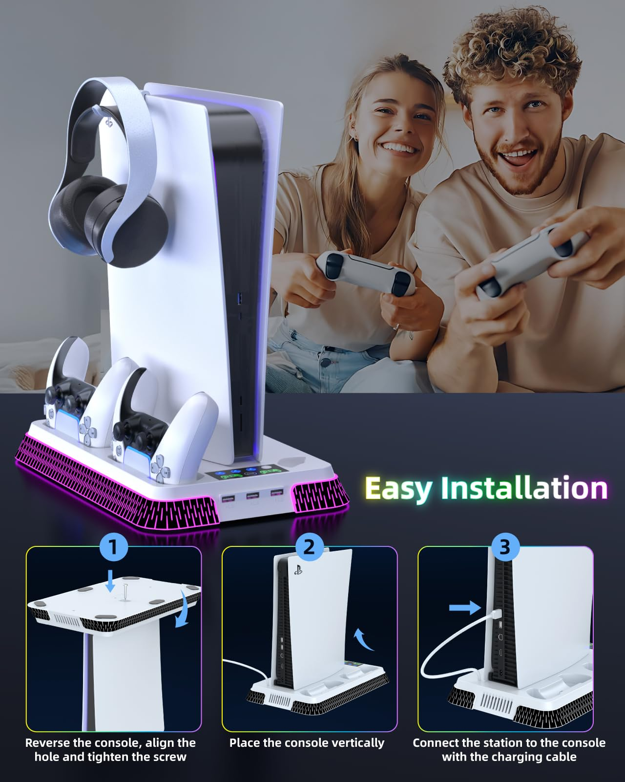 Gaming-Station mit PS5, Controllern, Headset und Installationsanleitung.