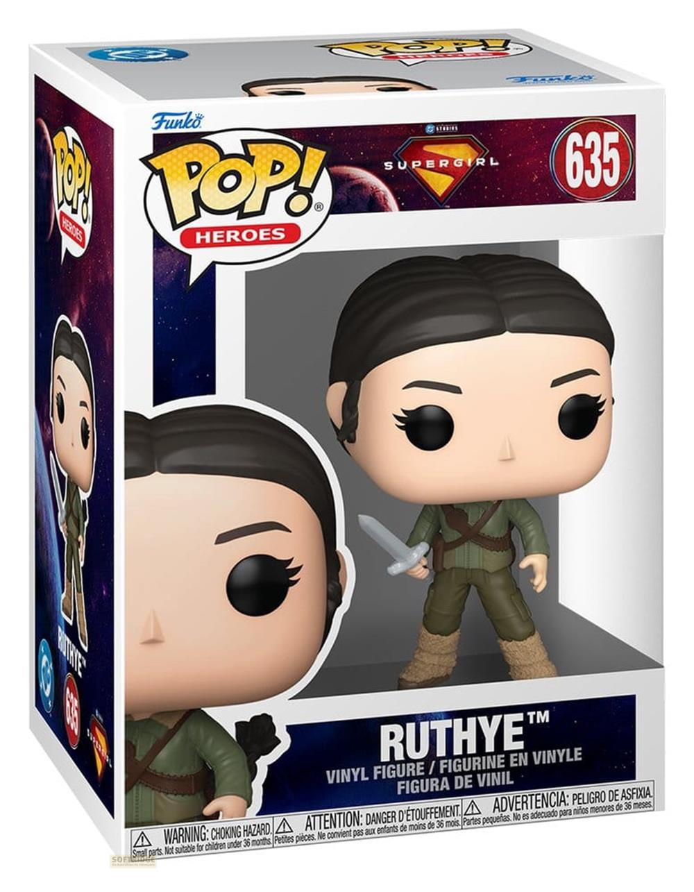 Una figura de vinilo Funko Pop! de Ruthye con espada y ropa verde.