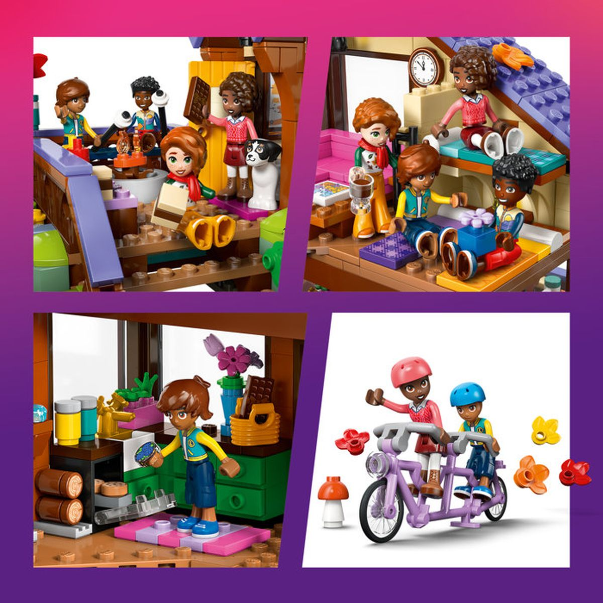 Personaggi Lego in varie scene: casa, bicicletta, cucina con cane.