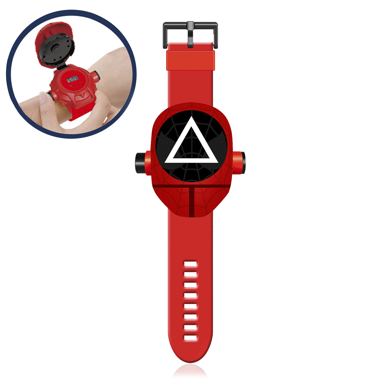 Orologio rosso con simbolo triangolo e design ragnatela. Un cerchio mostra l'orologio al polso.