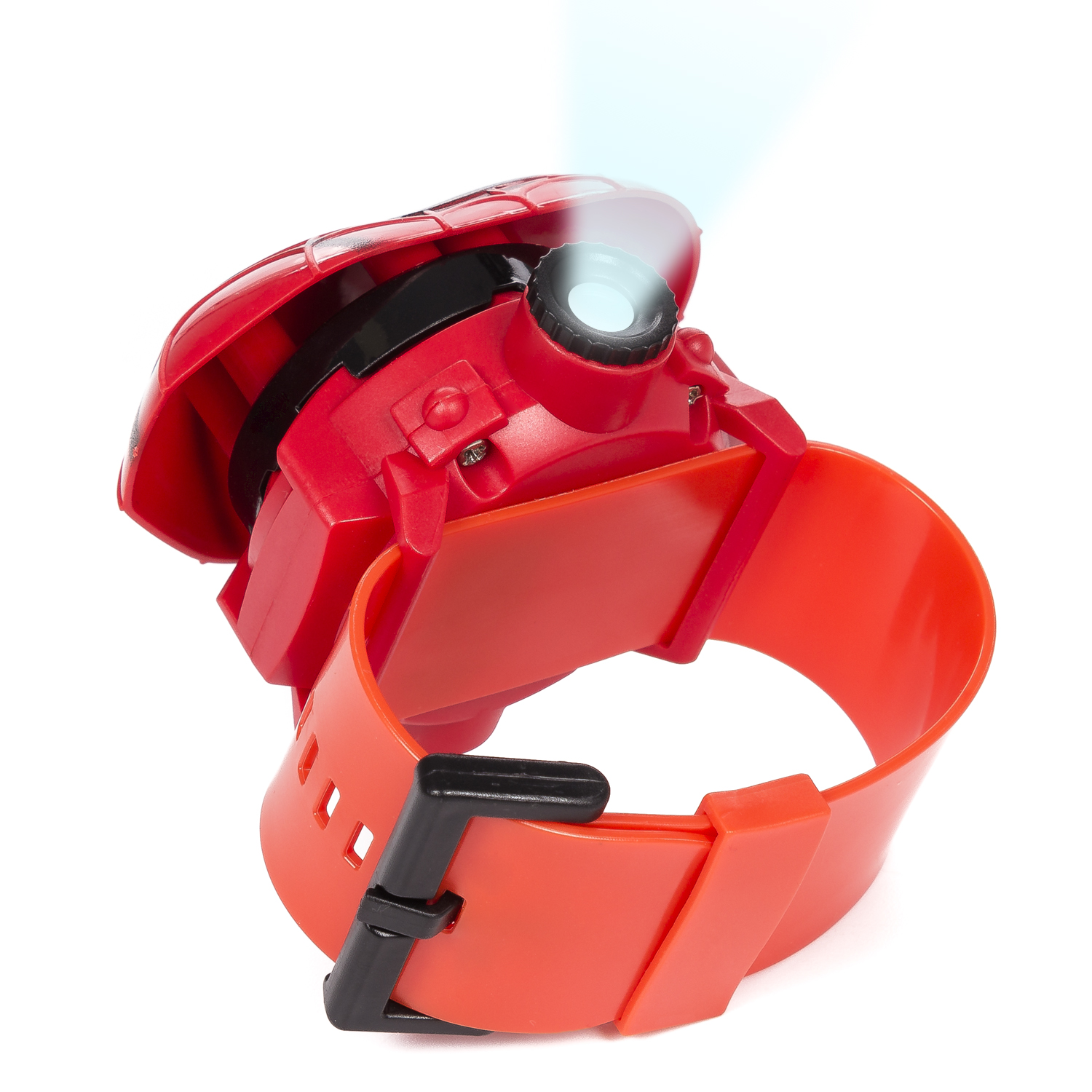 Un orologio da polso rosso con la torcia accesa, che emette un fascio di luce.