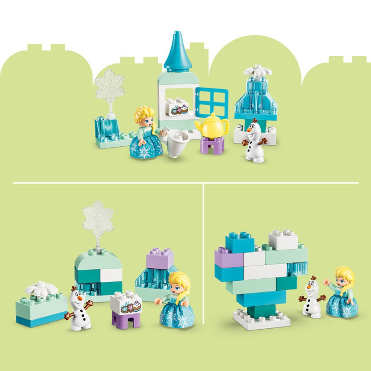 Figure di Elsa e Olaf con costruzioni Lego, castello, teiera e cuore.