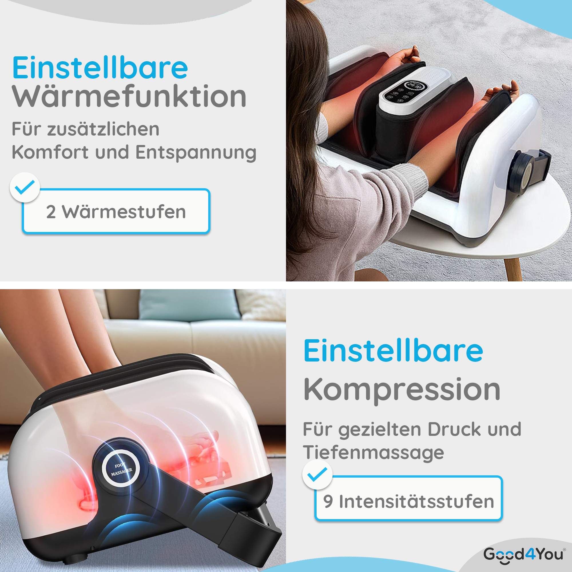 Fußmassagegerät mit einstellbarer Wärme und 2 Stufen.