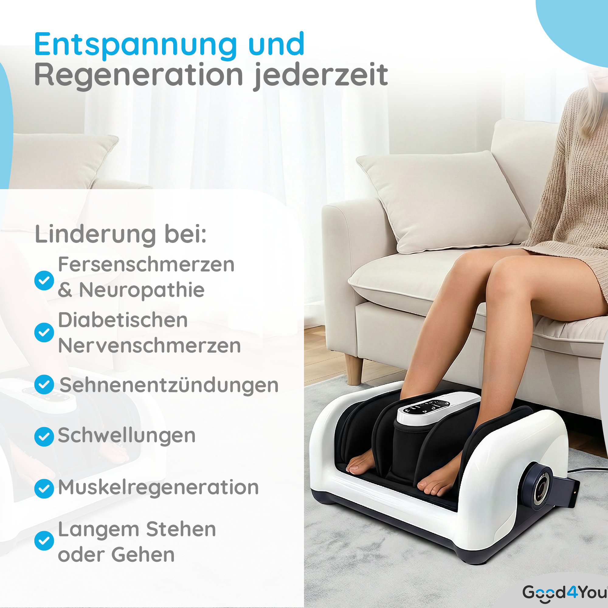 Eine Frau sitzt auf einem Sofa und benutzt einen Fußmassagegerät.