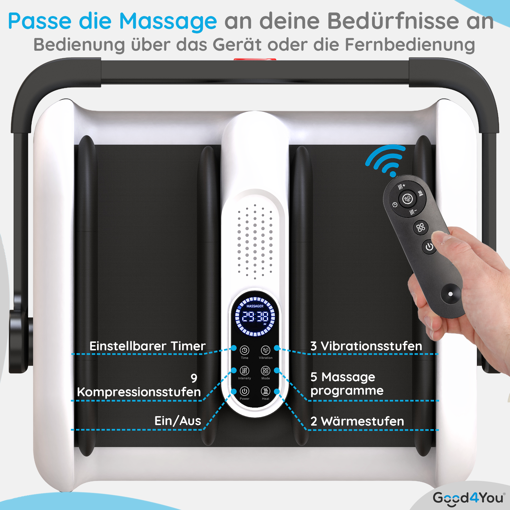 Fußmassagegerät mit Fernbedienung, zeigt Timer, Stufen und Programme.