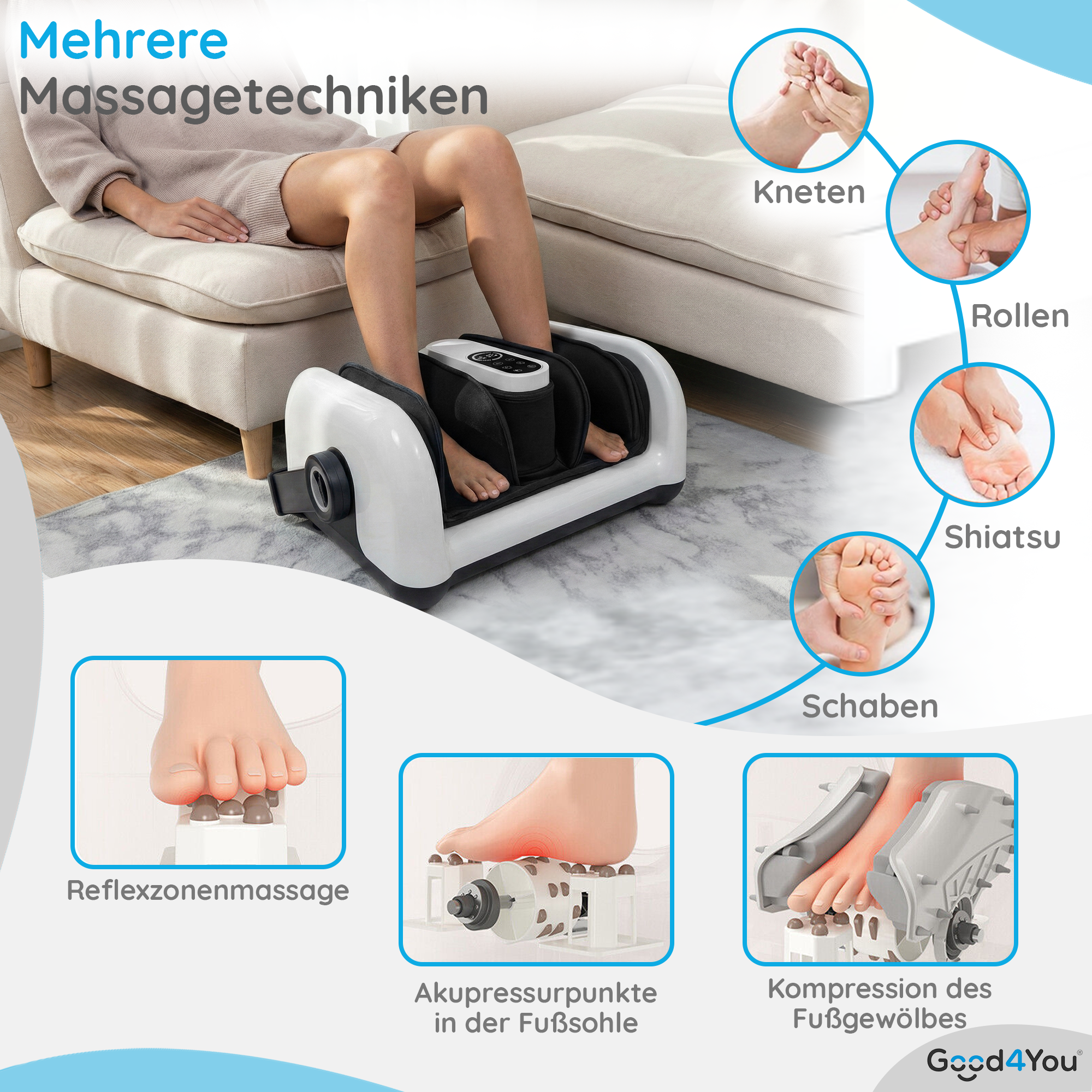 Frau nutzt Fußmassagegerät mit verschiedenen Techniken: Kneten, Rollen, Shiatsu.