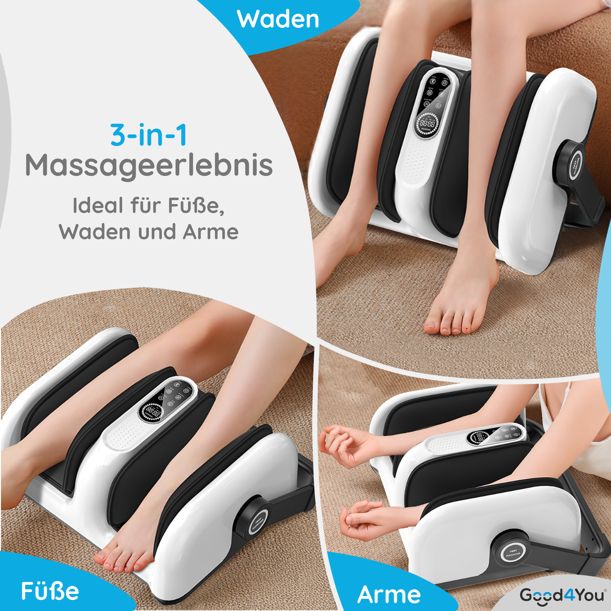 Ein Massagegerät für Füße, Waden und Arme wird gezeigt.