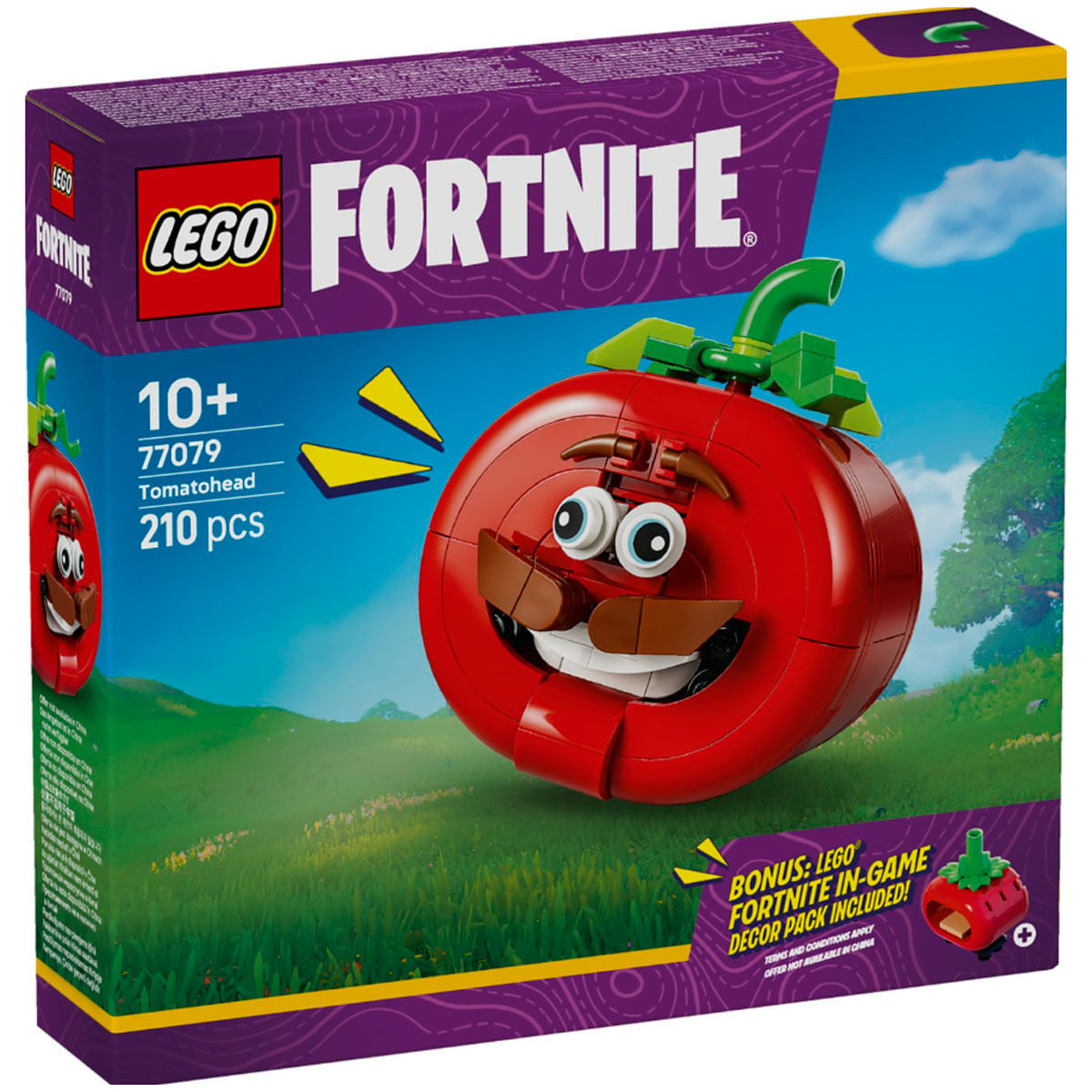 Scatola del set LEGO Fortnite Tomatohead, con personaggio pomodoro rosso e paesaggio di gioco.